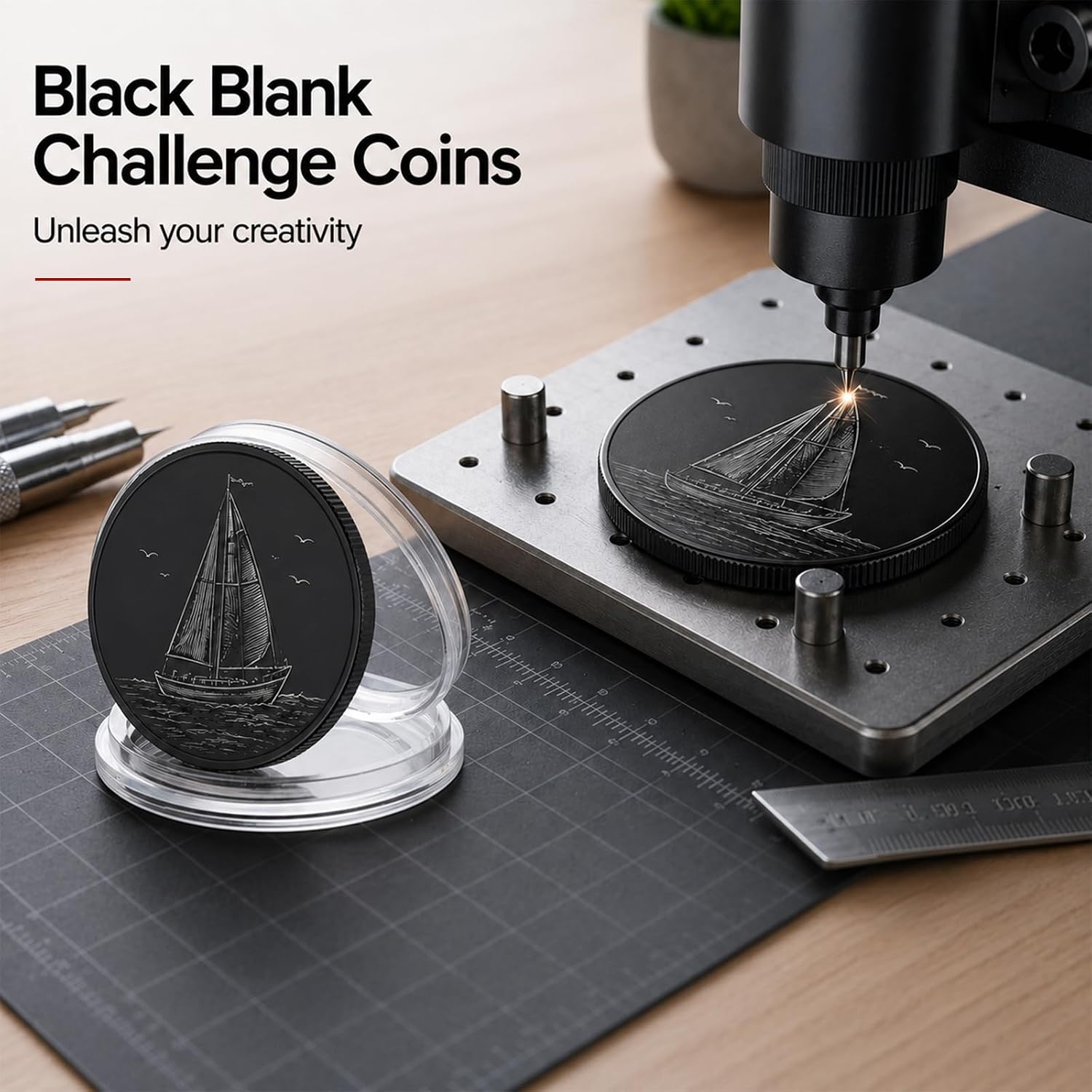 15Pcs Black Blank Challenge Coin, 1.57 in (40mm) Challenge Coin Blanks for Engraving with Protective Cases, Iron Metal Etching Blanks for DIY Crafts, Stamping, and Commemorative Collection