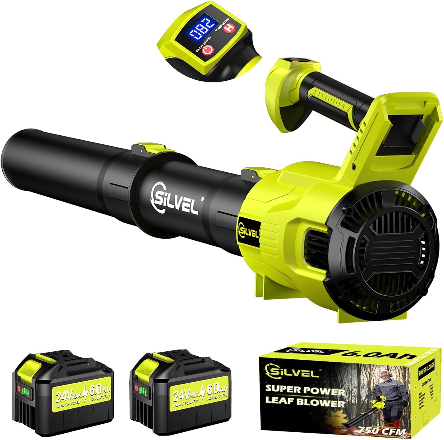 SILVEL Leaf Blower, 750CFM/250MPH High Power Cordless Blower with Powerful Brushless Motor, 2x24V 6.0Ah Battery & Charger, Lightweight Electric Blowers for Lawn&Garden Care(Ryobi Green)