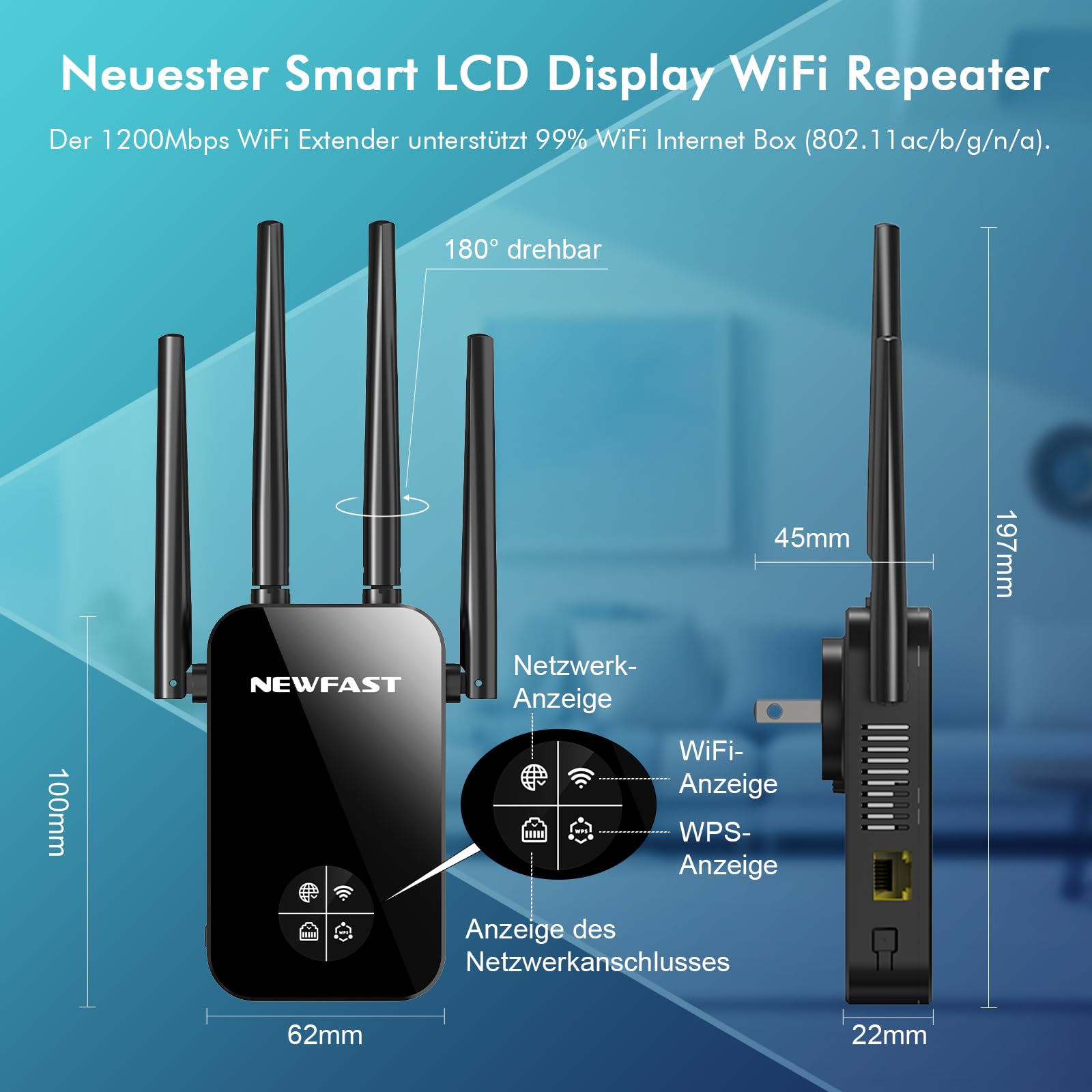 NEWFAST WLAN Verstärker,1200Mbps WiFi Extender Dual-Band WLAN Repeater | mit 4 Schwenkbare Antenne,WPS,MU-MIMO,Unterstützung Repeater/Router/Ap Modus für Zuhause und Büro,1-Tippen Einrichten,EU Plug