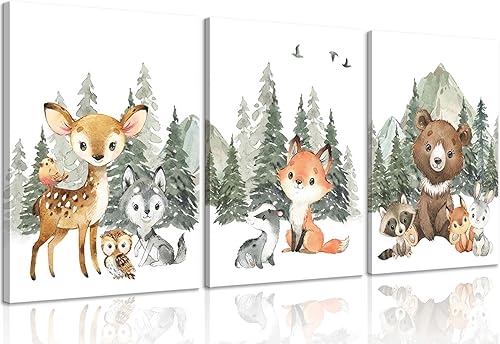 Miniatura 9 de 3 piezas de lienzo de acuarela de animales de safari para bebé, arte de pared de animales de la selva con flores silvestres, decoración de pared,