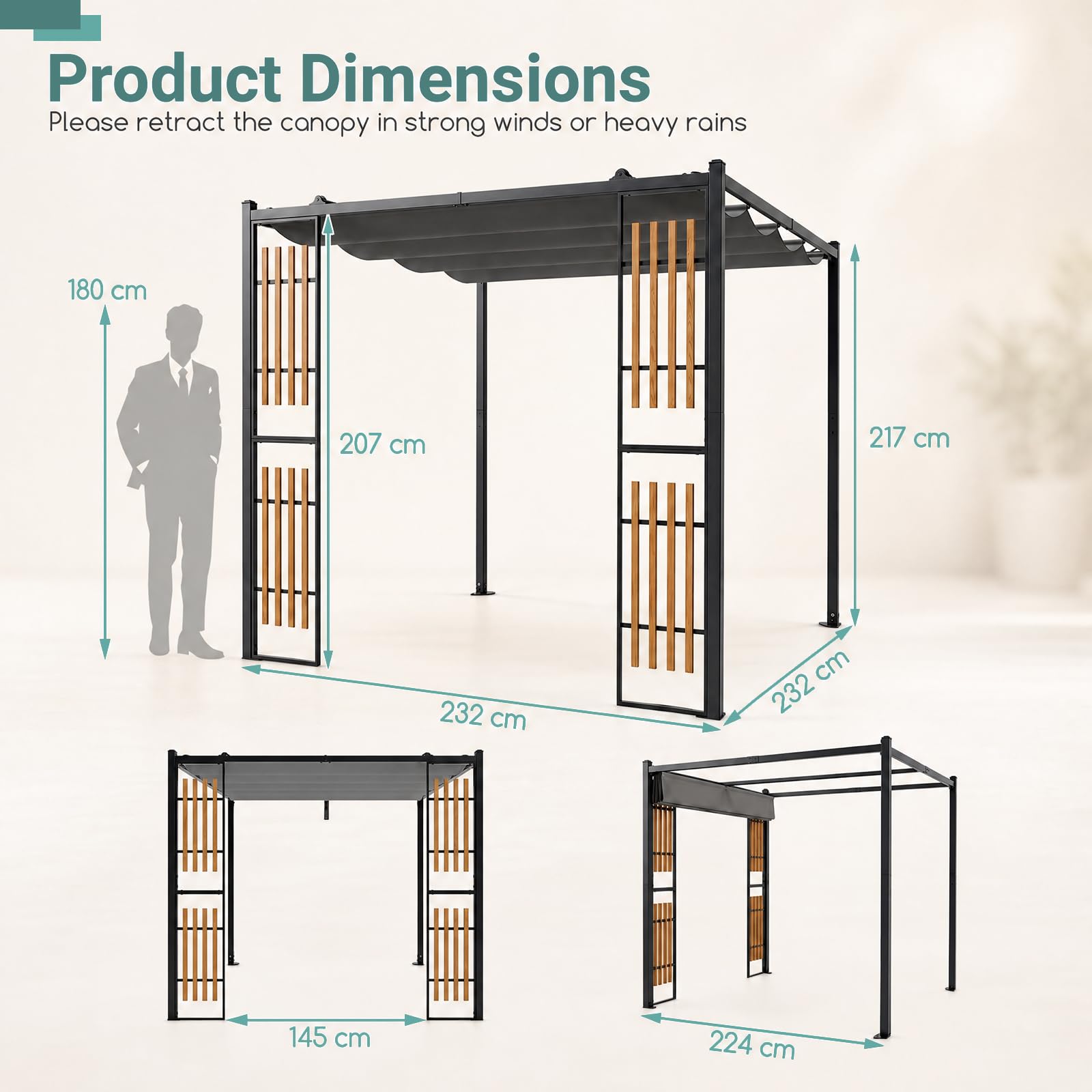 GOPLUS 2,32x2,32 M Pérgola de Jardín con Techo Retráctil y Pantallas | Cenador Cuadrado para Exteriores con Laterales Ajust, Lona de Poliéster, Estructura Metálica, Pabellón para Terraza, Gris
