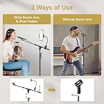 TONOR Mic Stand, Microphone Stand with Tablet Holder, Tripod Boom Arm for Floor, Adjustable Height and Angle, Heavy Duty DJ Stand with Carrying Bag, Phone and iPad Clamp