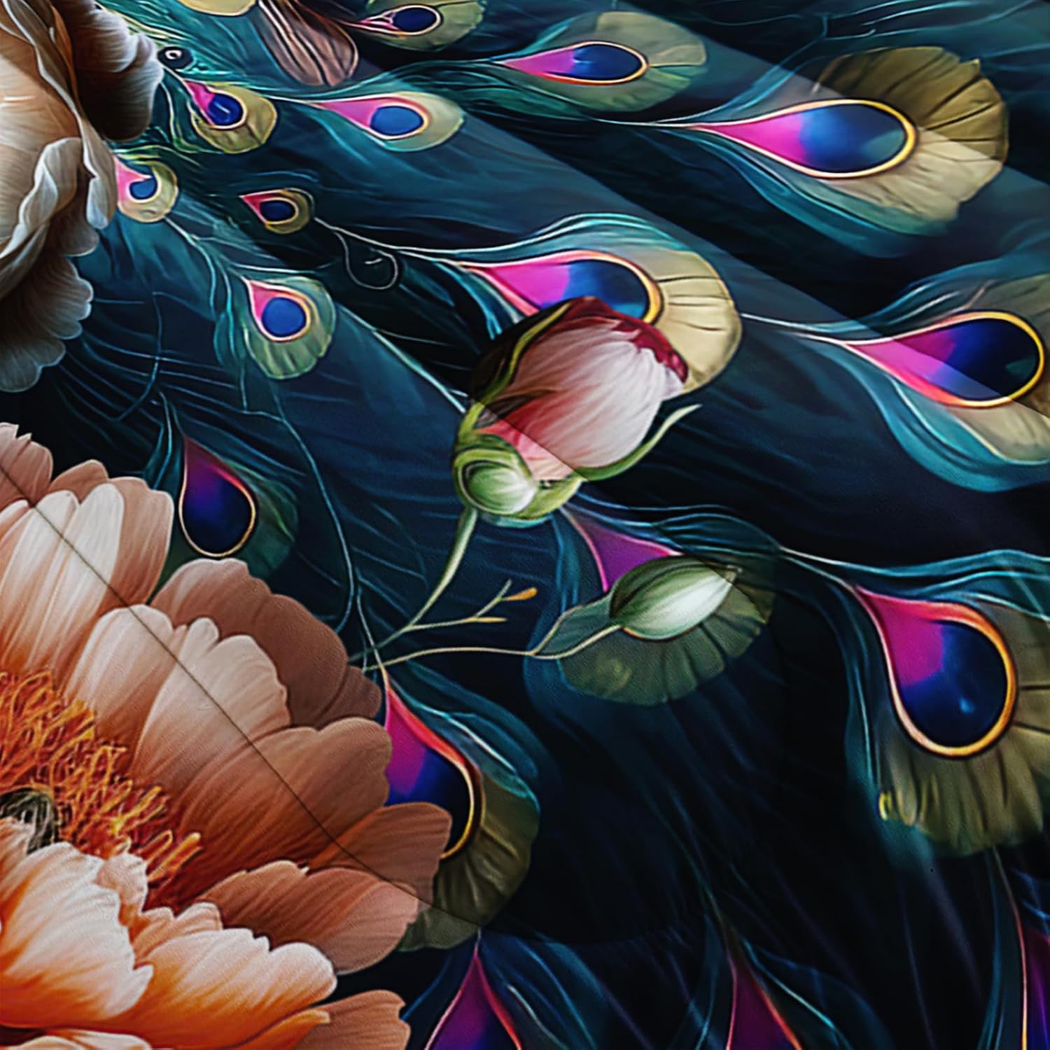 Blue Peacock Comforter Set Bohemian Down Comforter Sets Twin Size for Girls, Blue Feather Teal and White Floral Quilt Set with 1 Comforter and 2 Pillow Cases Bedroom Decor