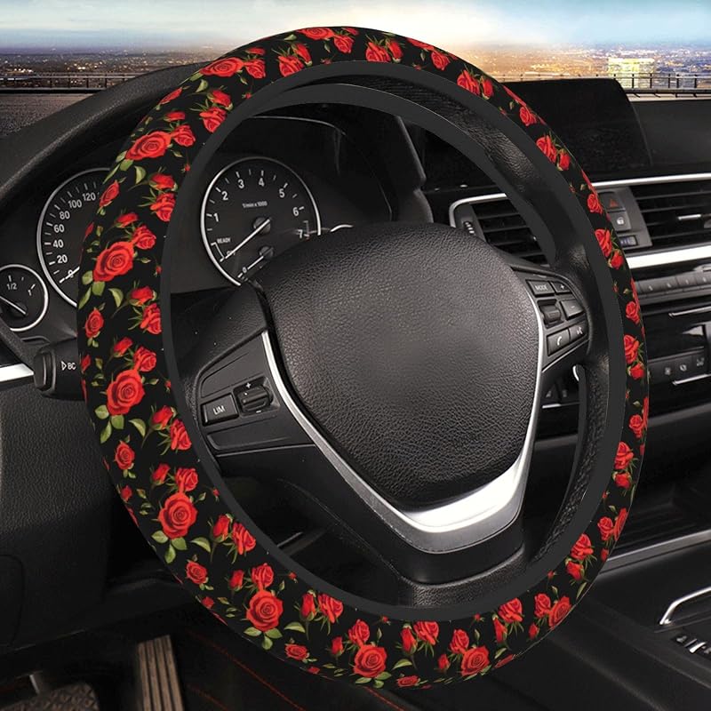 Capa para Volante Floral Rosa-Vermelha em Neoprene JKJOJIA para Carro, SUV, Caminhão e Van, 38 cm