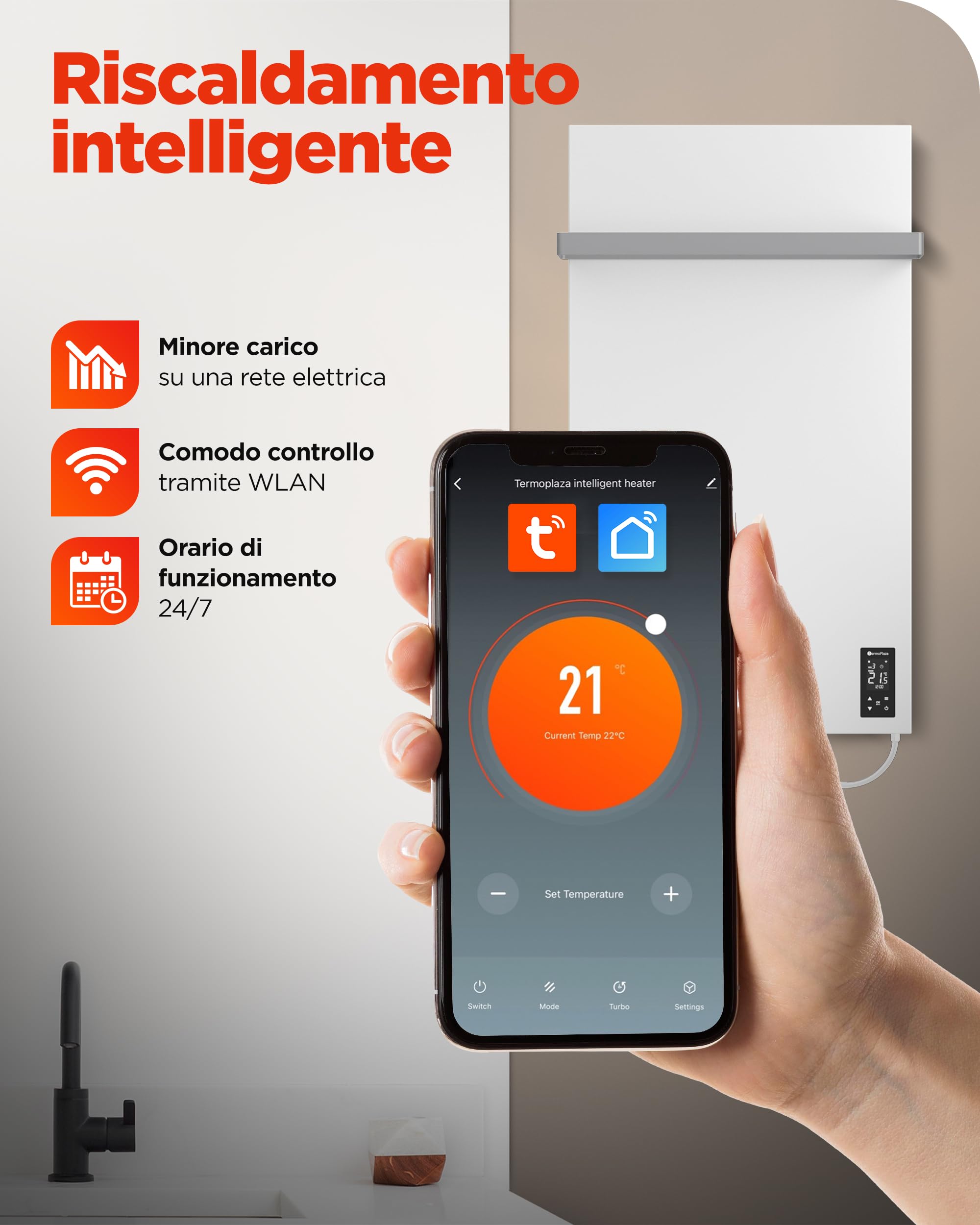 Termoplaza Scaldasalviette Elettrico WiFi Bagno Infrarossi 270 W fino a 7 m² - Pannello Radiante Infrarossi - Termoarredo Elettrico Bagno Basso Consumo - Termosifone Bianco Moderno Verticale