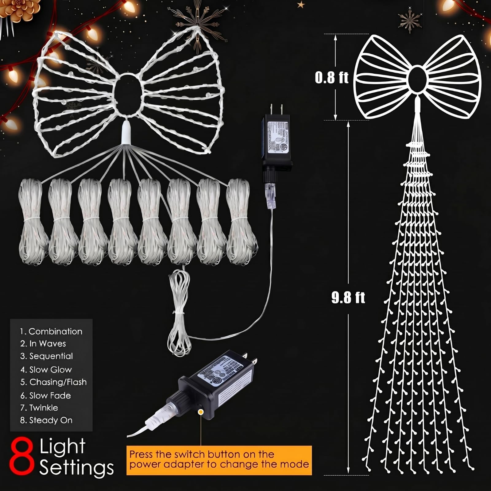 Gerrii 3,4 m 290 LED di Natale cascata luci di Natale fiocco rosso Xams albero decorazioni esterne spina in impermeabile cascata luce per albero giardino patio cortile decorazione festa