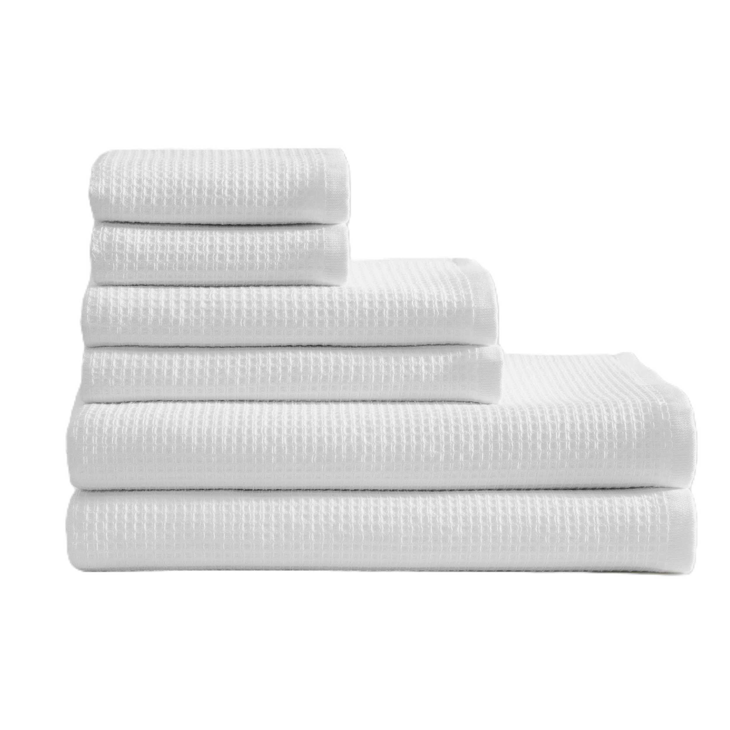 Calvin Klein Lot de 6 Serviettes de Bain en Coton Doux avec gaufré sur Le Devant texturé et Dos en éponge, légères de 650 g/m², Comprenant des Serviettes de Bain, des Mains et des Doigts avec Boucle