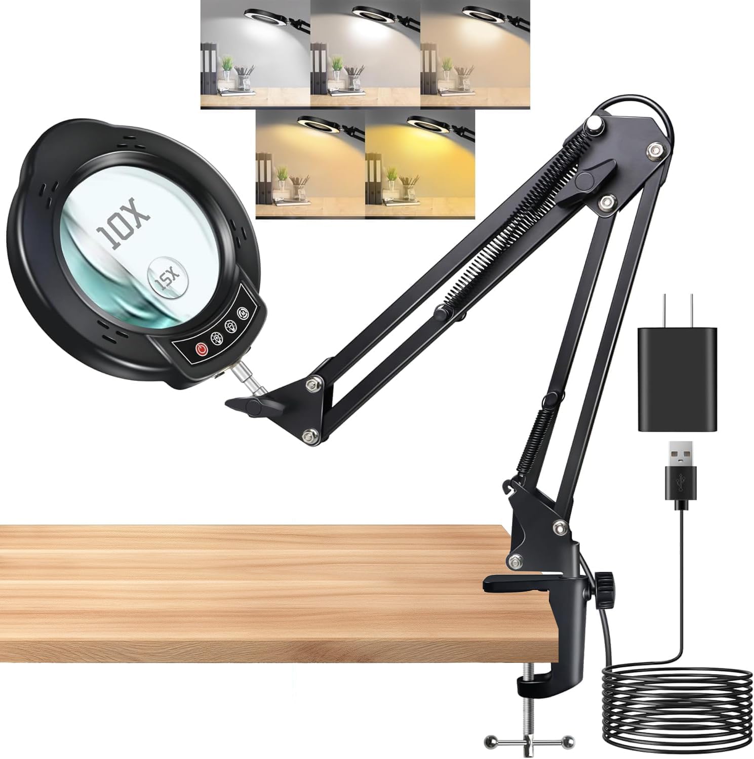 15X Magnifying Glass with Light and Clamp, Enhanced Brightness LED Magnifying Lamp with 5 Color Modes, Craft Light with Heavy Duty Clamp & Aluminum Arm for Close Work, Hobby, Crafting, Painting