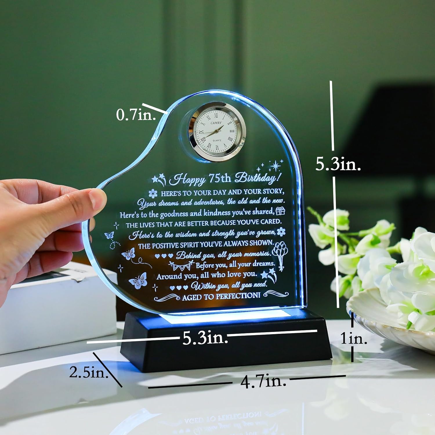 Movdyka Happy 75th Birthday Gifts for Women & Men - Personalized Cool 75 Year Old Female Glass Clock Decor with Night Light, Unique Gift for Mom, Dad, Grandparents, Friends - Image 3