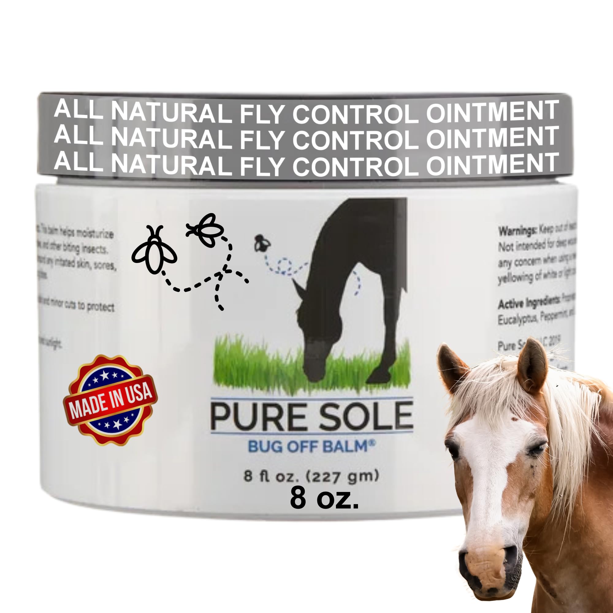 Bug Balm for Horses | Pure Sole Bug Off Balm | Helps Protect Ponies, Cows, Donkeys & Other Farm Animals |Sweet Itch Belly Balm Ointment| Safe for Face, Ears, Eyes, and Wounds, 8 oz.