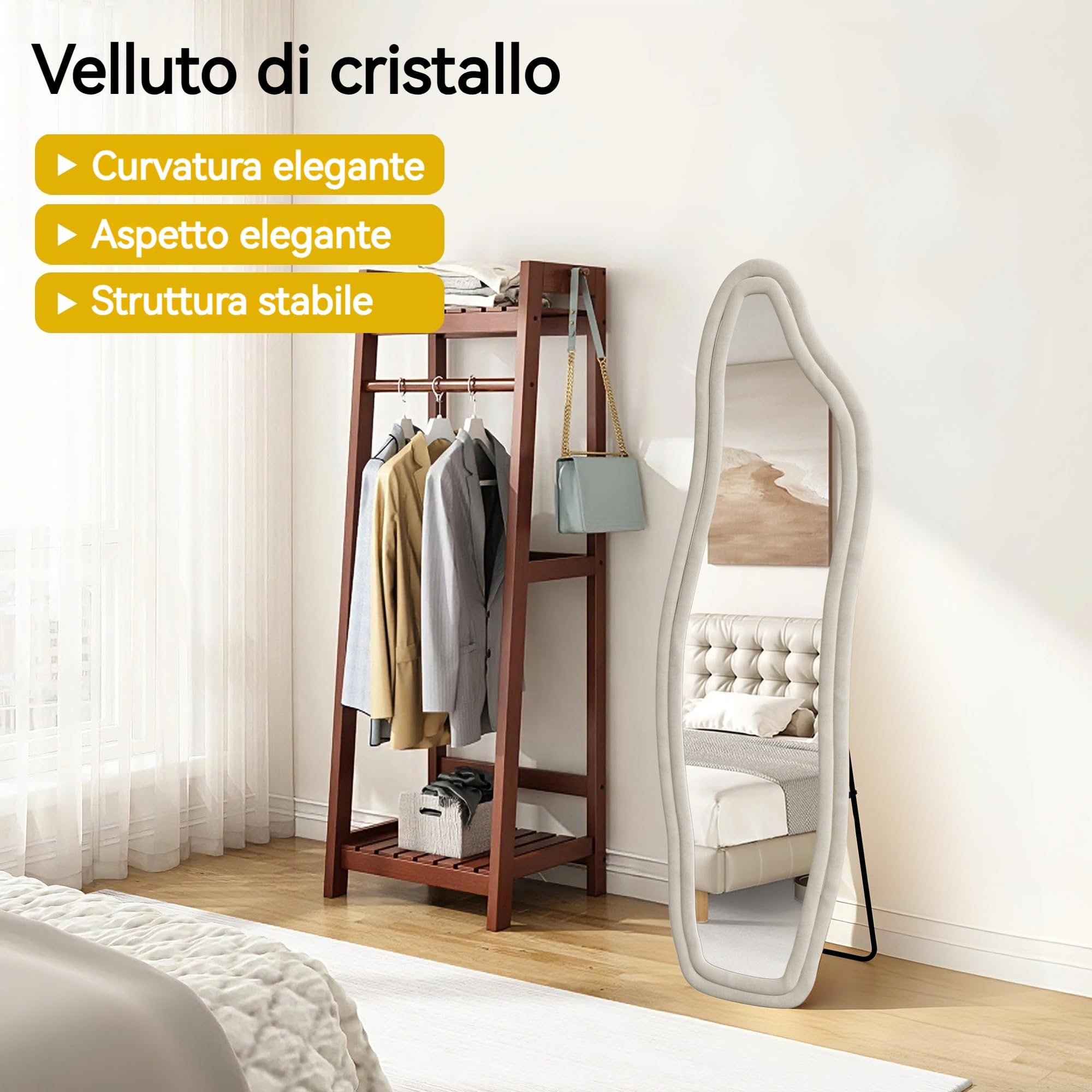 Specchio intero 160 x 50 cm, asimmetrico curvo, con cornice in tessuto di velluto, grande specchio da parete per soggiorno, camera da letto, sospeso/in piedi (bianco A, 160 x 50)