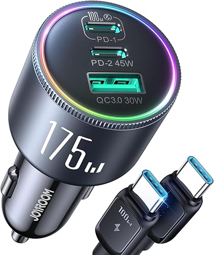 JOYROOM Cargador de coche USB C de 175 W, 3 puertos tipo C súper rápido cargador de coche para iPhone 17 con cable USBC, adaptador de encendedor de