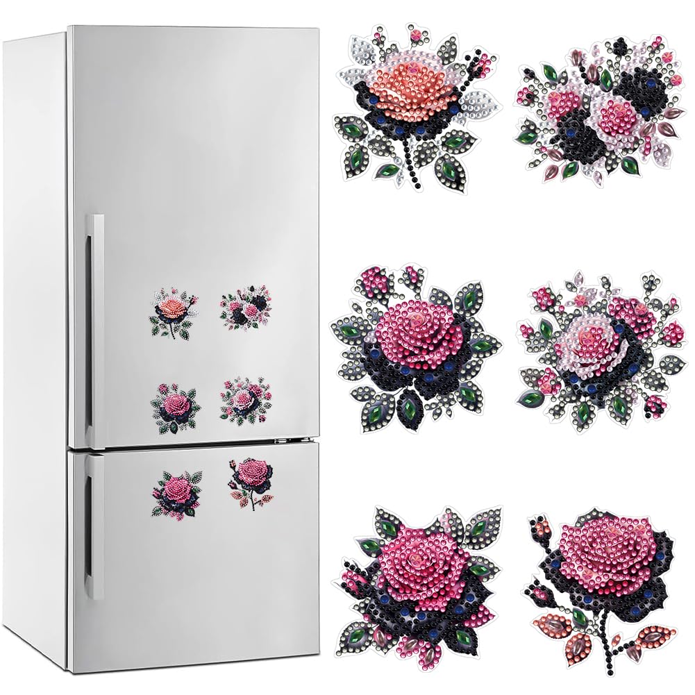 6Pcs Rose Diamond Painting Magnets Set, 5D Diamond Art Magnets for Refrigerator, DIY Rhinestone Gem Art Painting Kits Magnetic Stickers for Adults Beginners Home Fridge Decor