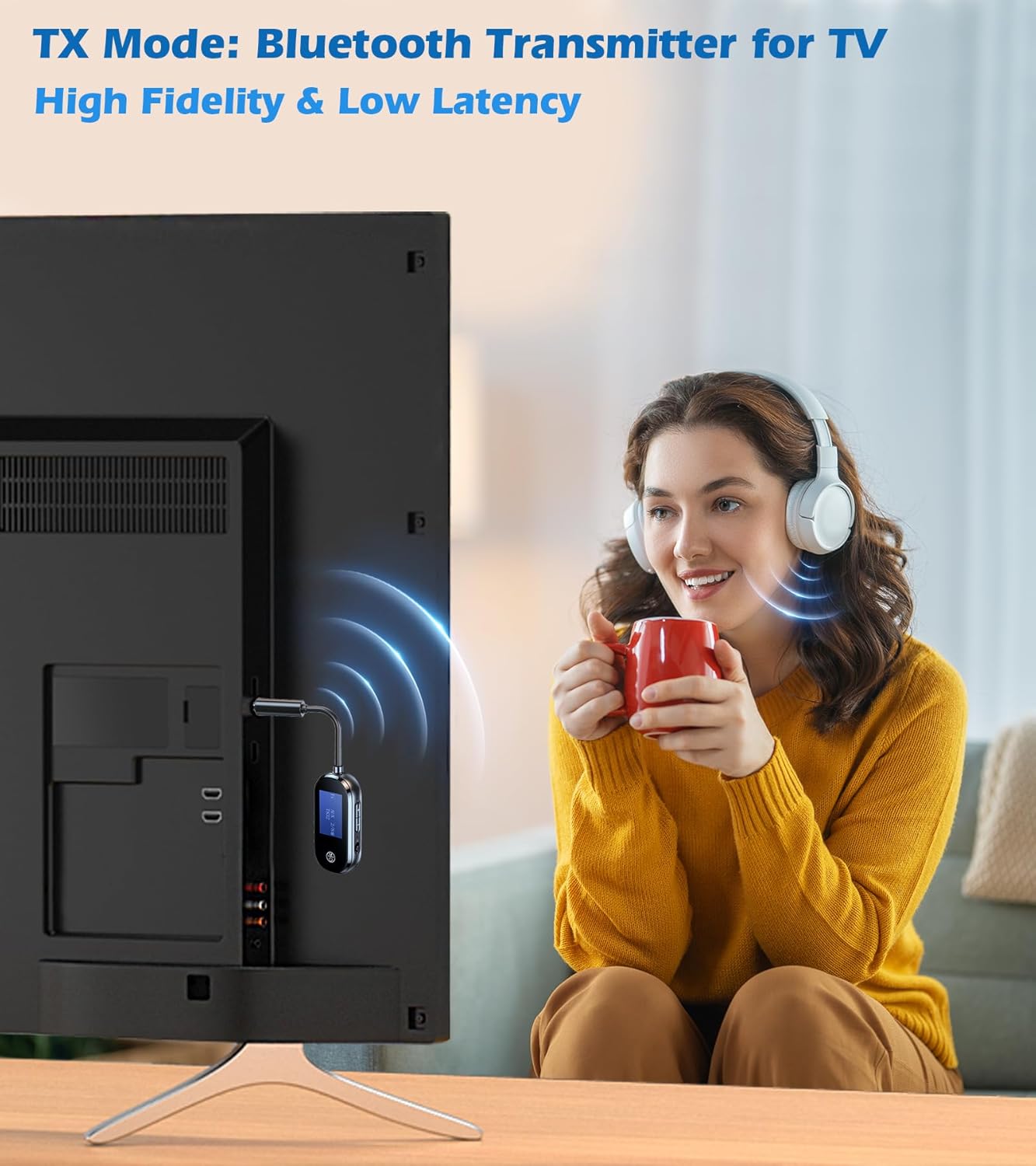 Woman wearing Bluetooth headphones, watching TV with the KAIY C83 adapter plugged into the TV's audio output. Text indicates TX Mode: Bluetooth Transmitter for TV, High Fidelity & Low Latency.