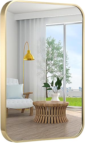 Miniatura 10 de TITAMEG Espejo de baño de 22 x 30 pulgadas, espejo rectangular dorado con esquina redonda, espejo rectangular con marco de metal para baño, sala de