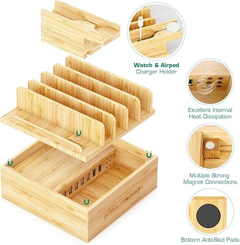 Miniatura 3 de Estación de carga de bambú para múltiples dispositivos, estación de carga de la familia Darfoo con 7 puertos USB y 1 soporte para reloj-auricular, 7