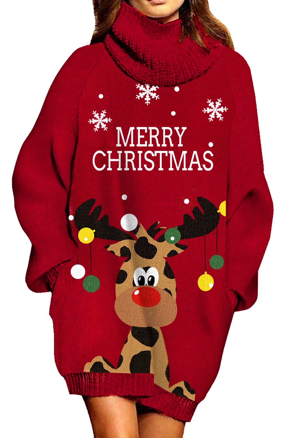 Turtleneck Cartoon Reindeer Print Top main image 0