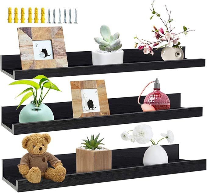 24 Inch Black Wall Mounted Floating Shelves Set of 3, Picture Shelving Ledge for Kitchen, Living