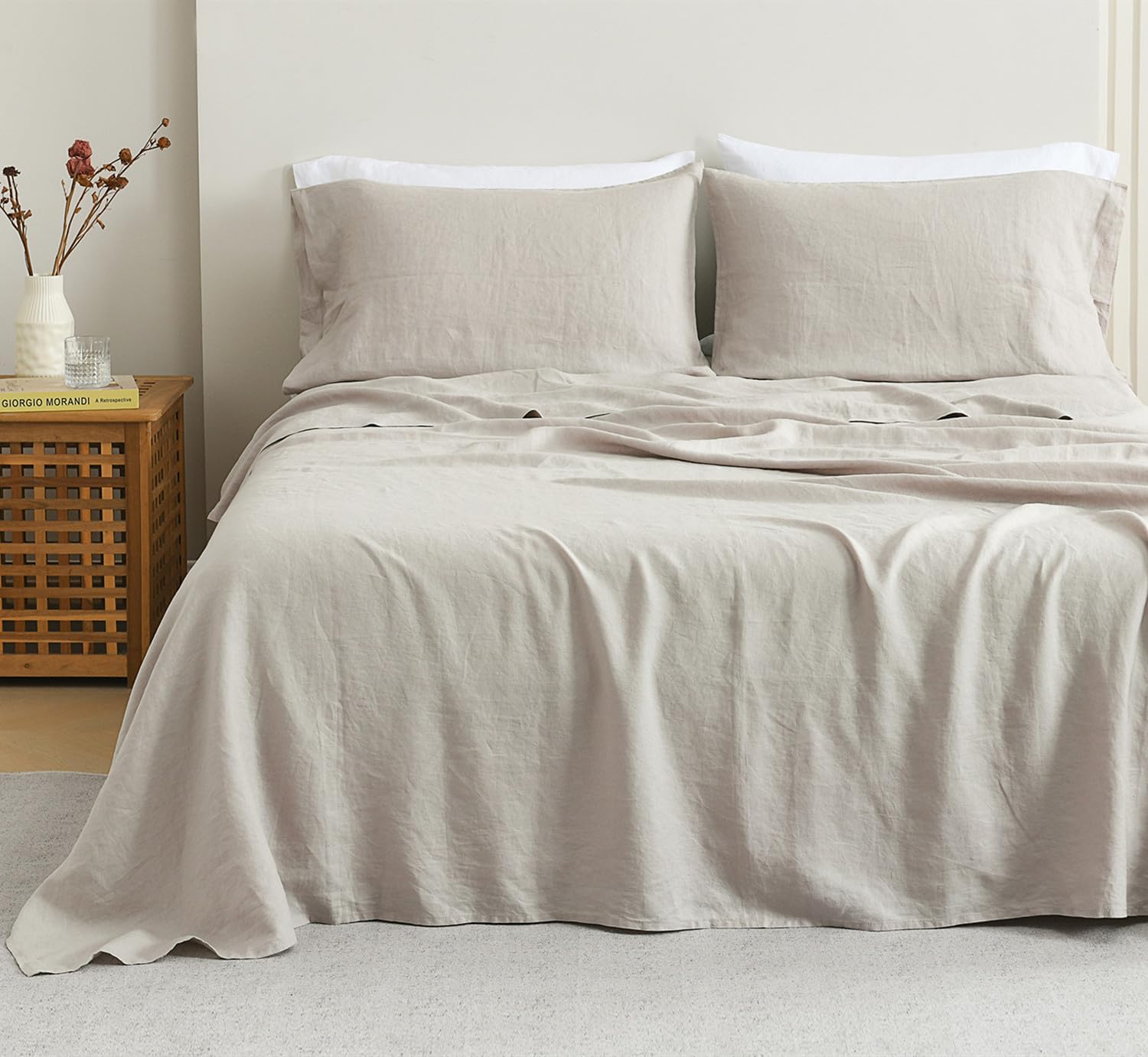 NORTH HOMEStonewashed 100% French Linen Sheets King Size Set, Cooling 4 Pcs French Linen Bed Sheets, 1 Flat Sheet, 1 Fitted Sheet, 2 Pillowcases