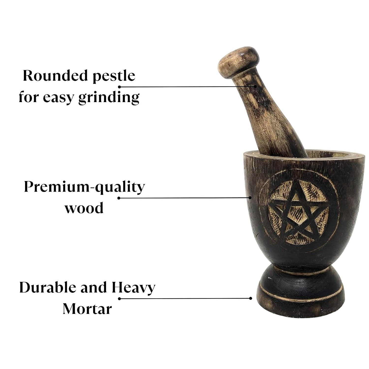 vrinda® wooden Mortar and Pestle - 5 inch x 3 inch (Pentacle)