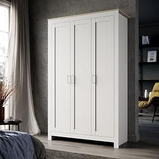 ELEGANT Large Wardrobe with 3 Doors, Simple White & Oak Wooden Multi-Function Storage Cabinet for Hanging Clothes 180 x 112 x 49.5cm