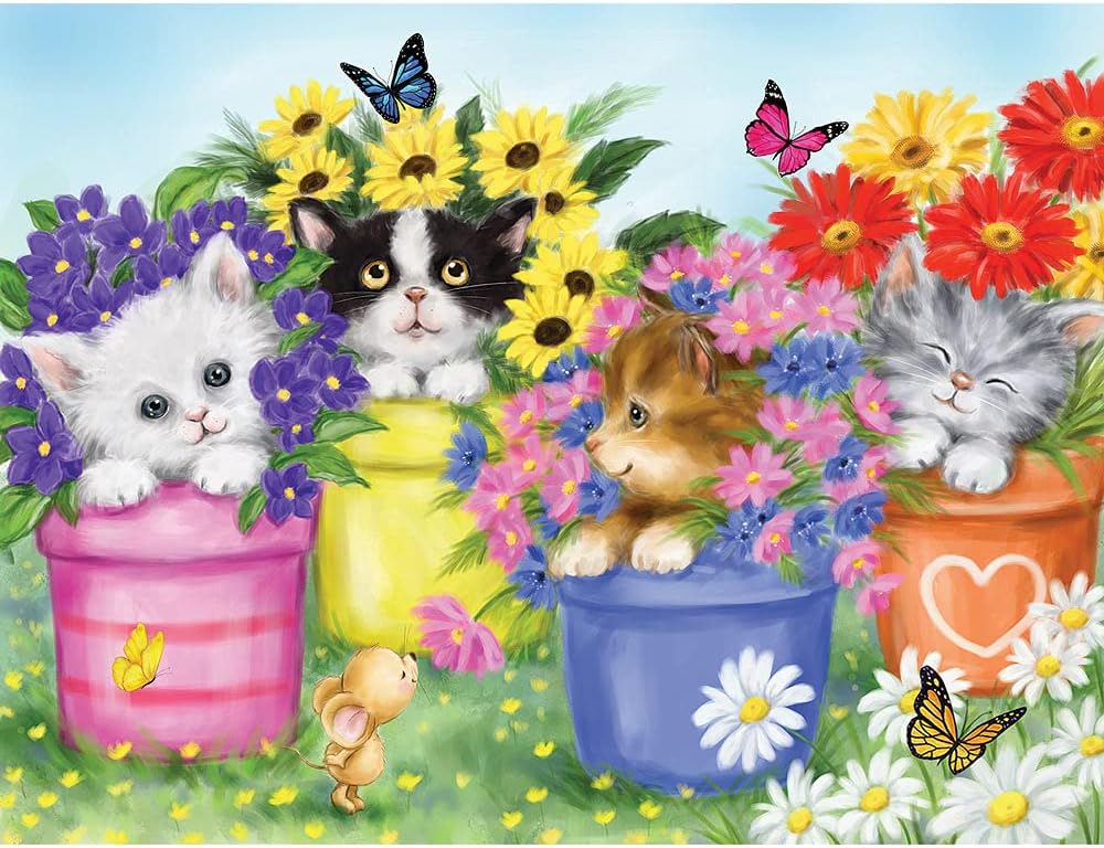 Bits and Pieces – Large 100 Piece Jigsaw Puzzle for Adults – Cats in Flower Pots - Kitten Colorful Bloom Butterfly Sweet Cute Garden Jigsaw Puzzle by Makiko, Completed Puzzle Size: 15" x 19"