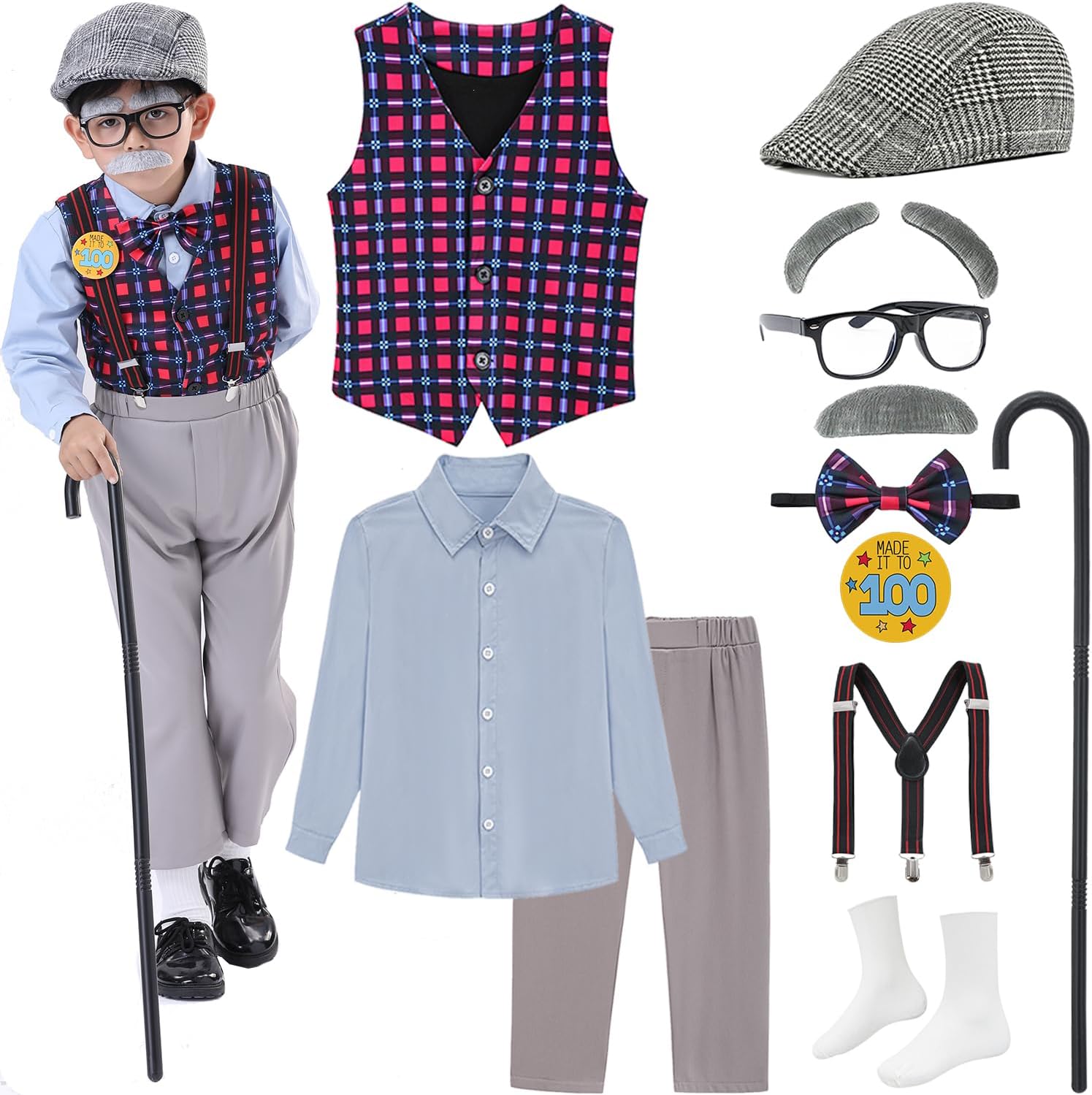 Old Man Costume for Kids, Hats with Shirts 100th Day of School Grandpa Old Person Dress Up Outfit for Boy