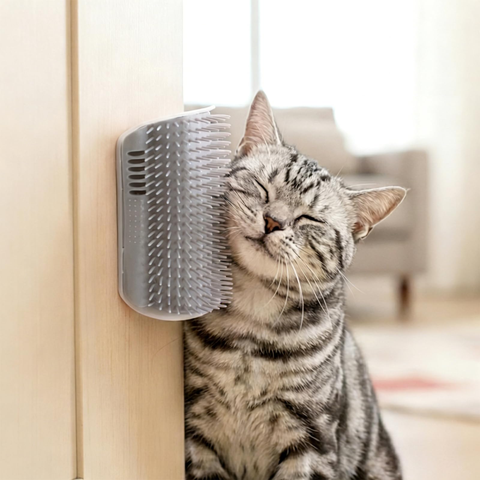 Wall Mounted Cat Corner Scratcher with Catnip, Soft Bristle Self Cleaning Massage Tool for Long and Short Haired Cats (Grey)
