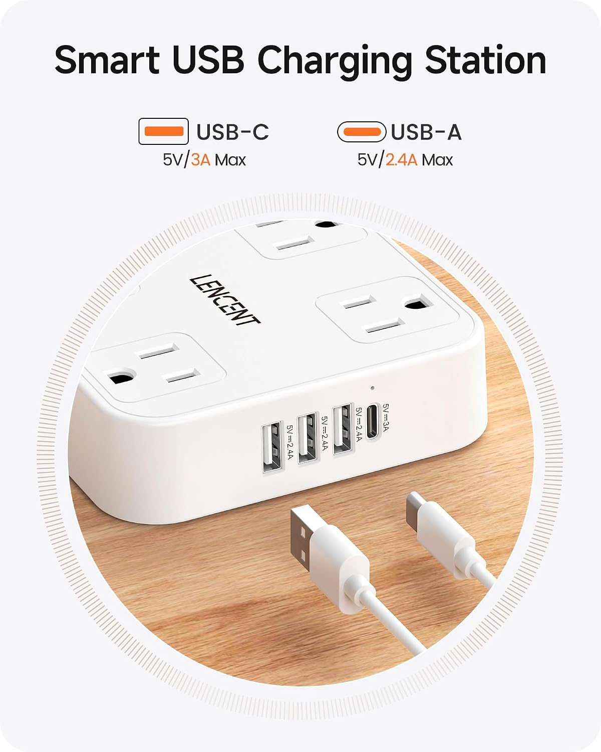 LENCENT 2 Prong Power Strip, 3 to 2 Prong Outlet Adapter, Surge Protector with 10ft Braided Extension Cord with Thin Flat Polarized Plug, 6 AC & 4 USB (1 Type-C), Wall Mount for Non-Grounded Outlet
