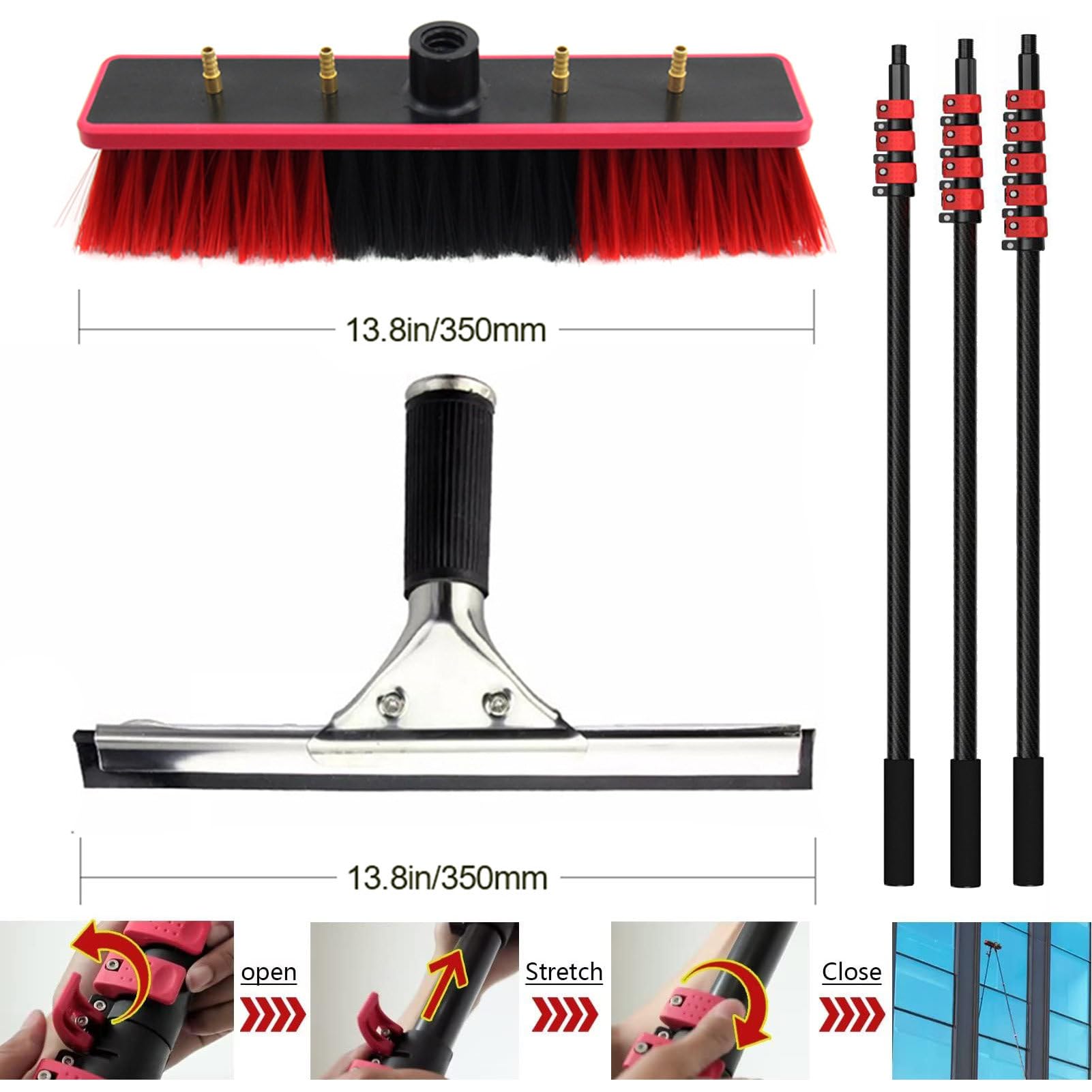Kit de poste de alimentación de agua, sistema de limpieza de ventanas de 5,4 m con varilla retráctil de aleación de aluminio, cepillo de agua, escobilla de goma, conector de manguera y tubo de agua de