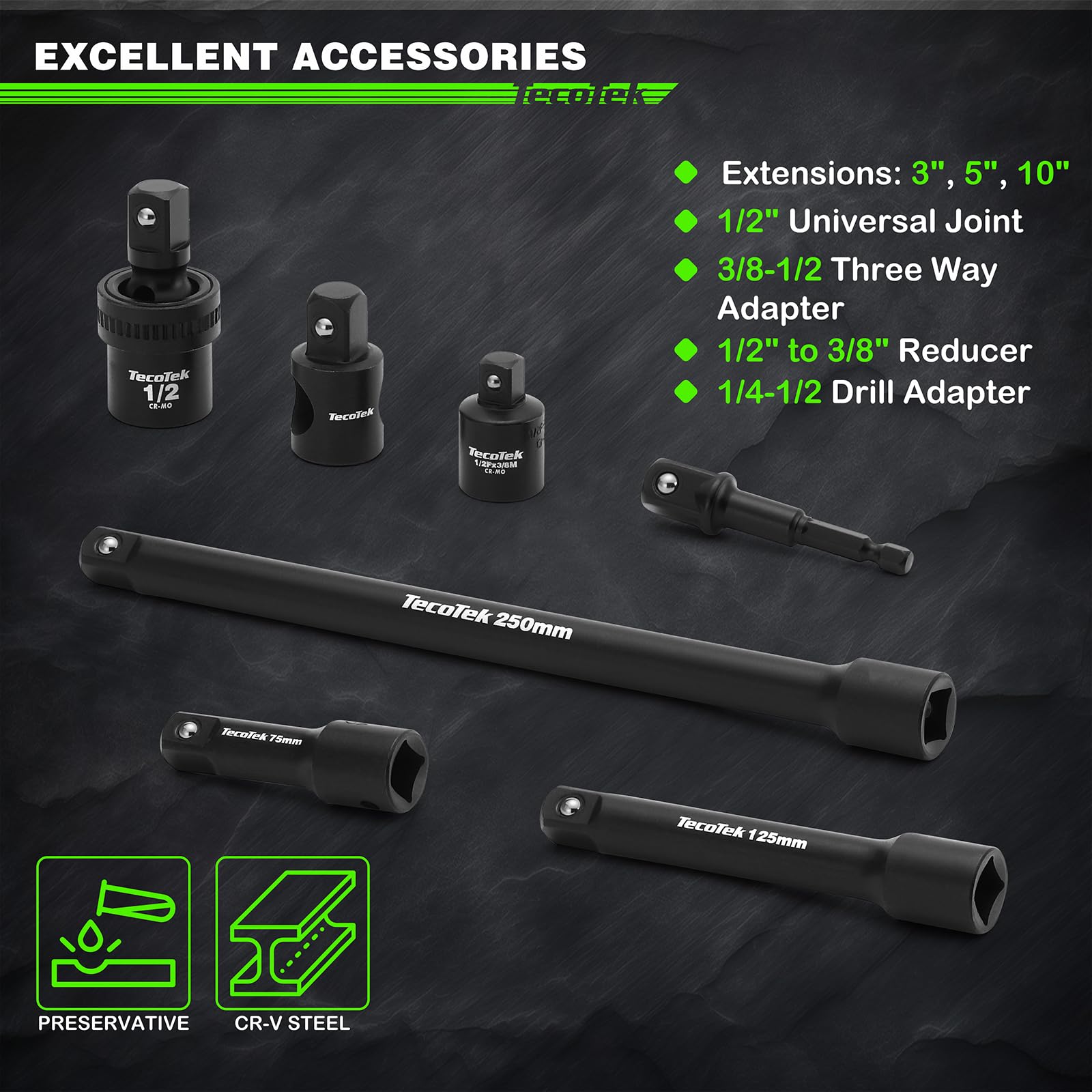 TecoTek 38-częściowy zestaw nasadek nasadowych SAE 3/8 do 1-1/10.2 cm i metryczny rozmiar 10-32 mm, zawiera drążki przedłużające, przegub uniwersalny, adapter i uchwyt z grzechotką, 6-punktowy, stal