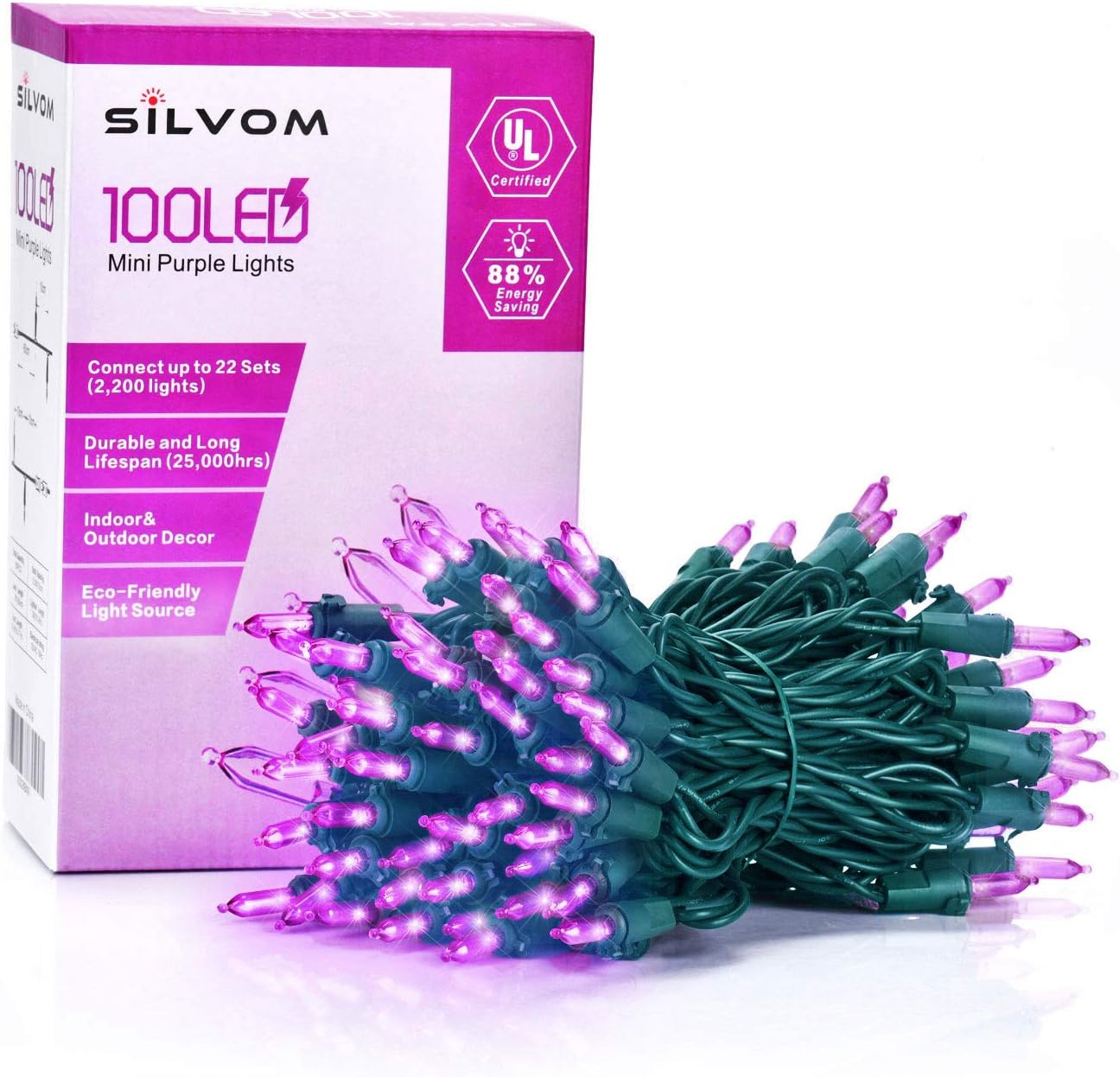 Silvom Purple Christmas Lights, 33ft 100 LED Xmas Christmas Lights, 120V UL Certified LED String Lights for Halloween, Christmas Tree, Wedding, Party, Patio, Holiday, Home Indoor & Outdoor Decoration