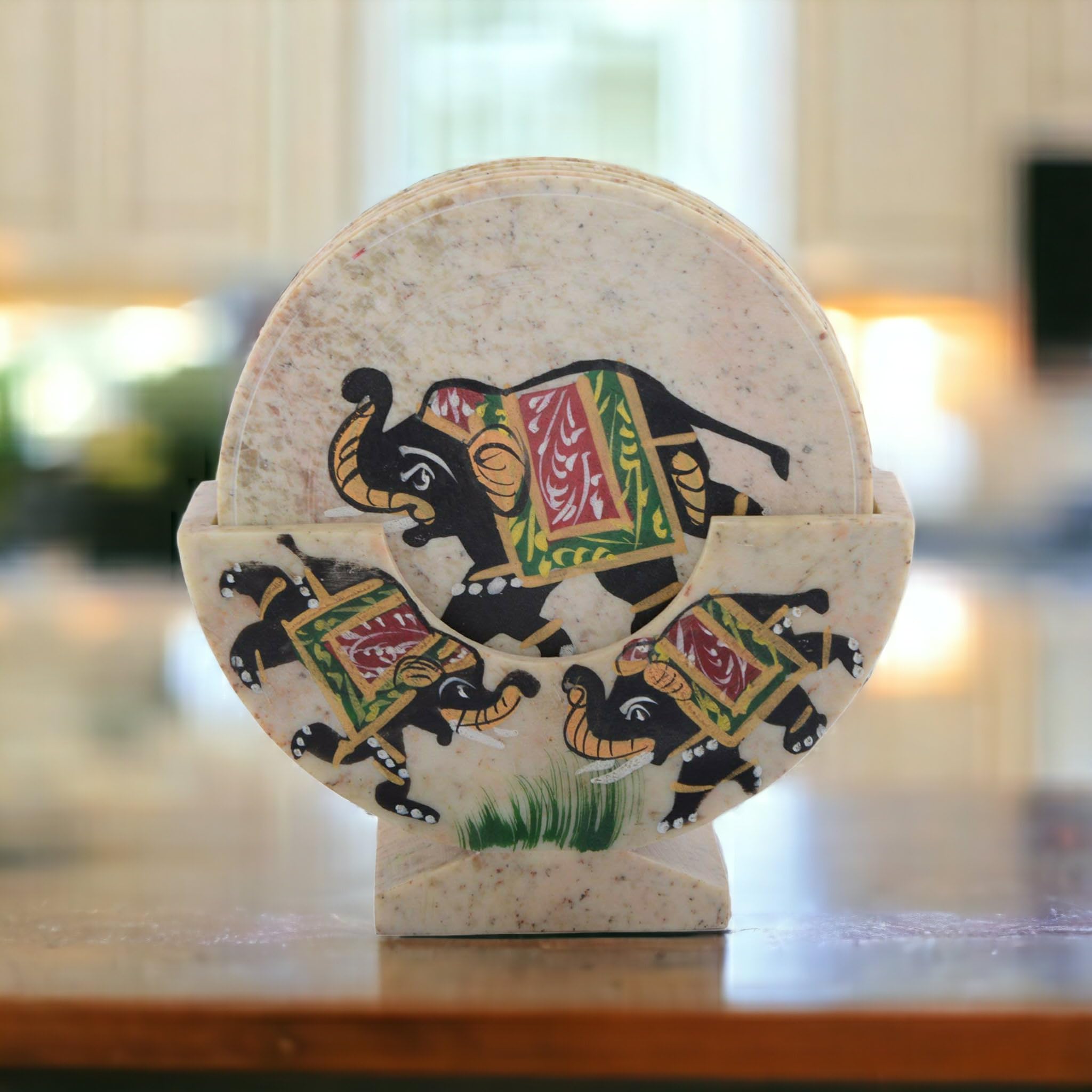 Pooja CreationHandmade Gaurara Stone Coaster Set with Beautiful Peacock Print (Set of 6) - 6 Plate, Natural