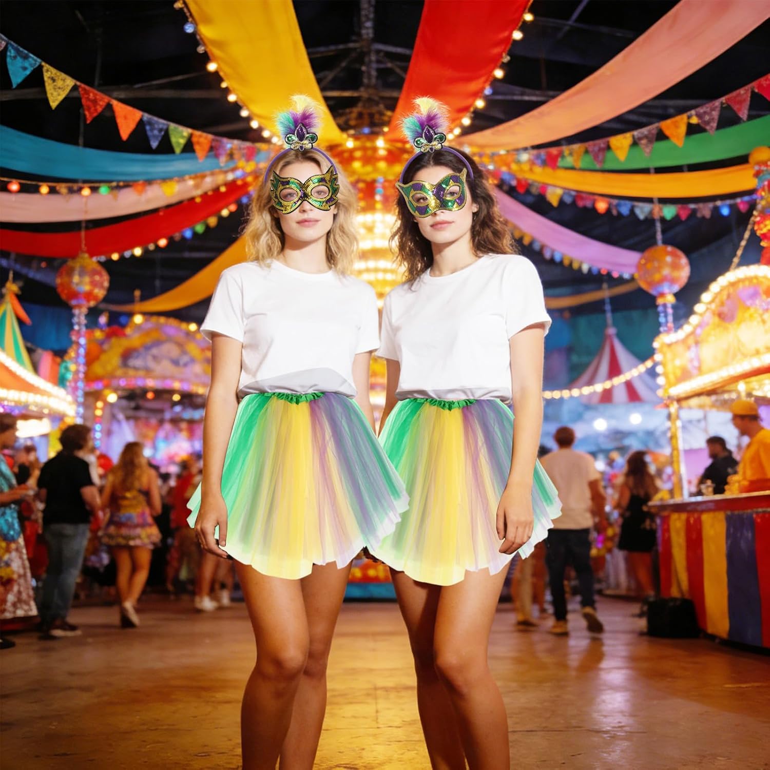 6 Pcs Mardi Gras Outfit for Women 2 Sets - Mardi Gras Accessories Include 2 Tutu Skirts, 2 Feather Headbands, 2 Sequin Masquerade Masks - Green Purple Yellow Fat Tuesday Costumes for Parade - Image 5