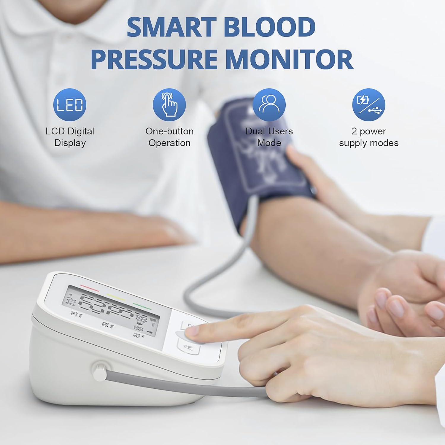Graphic illustrating key features: LCD Digital Display, One-button Operation, Dual Users Mode, and 2 power supply modes.