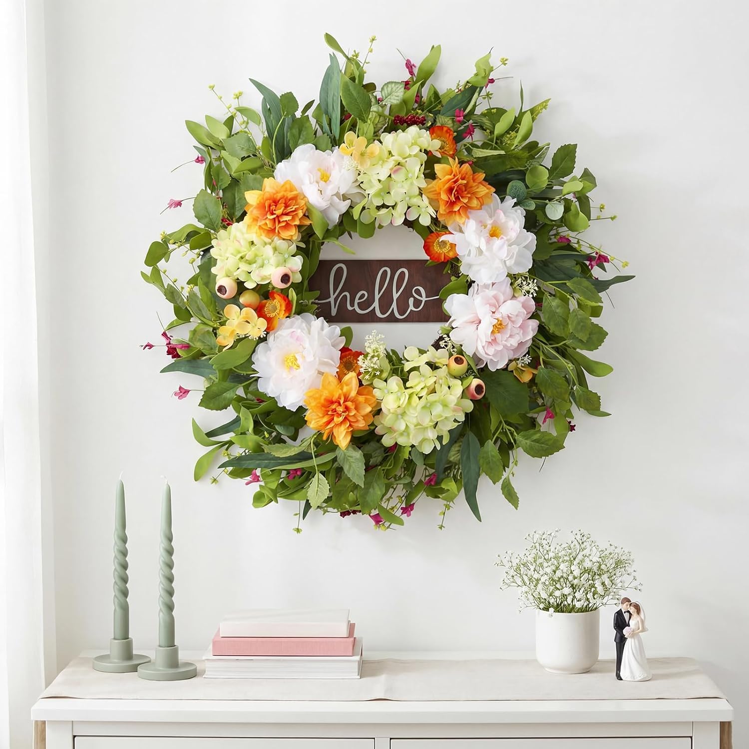 24" Spring Summer Wreaths for Front Door with Hello Sign,Hydrangea Wreath with Dasiy Peonies Berries Eucalyptus.Greenery Wreath for Front Door,Porch,Farmhouse,Wall,Window Inoor Outdoor Decor
