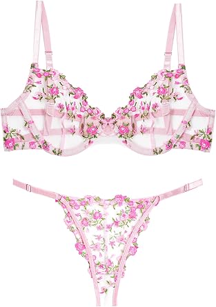 FEOYA Sexy Lingerie for Women Matching Lace Bra and Panty Sets Embroidered Mesh Push Up Bralette Thong Underwear Two Piece