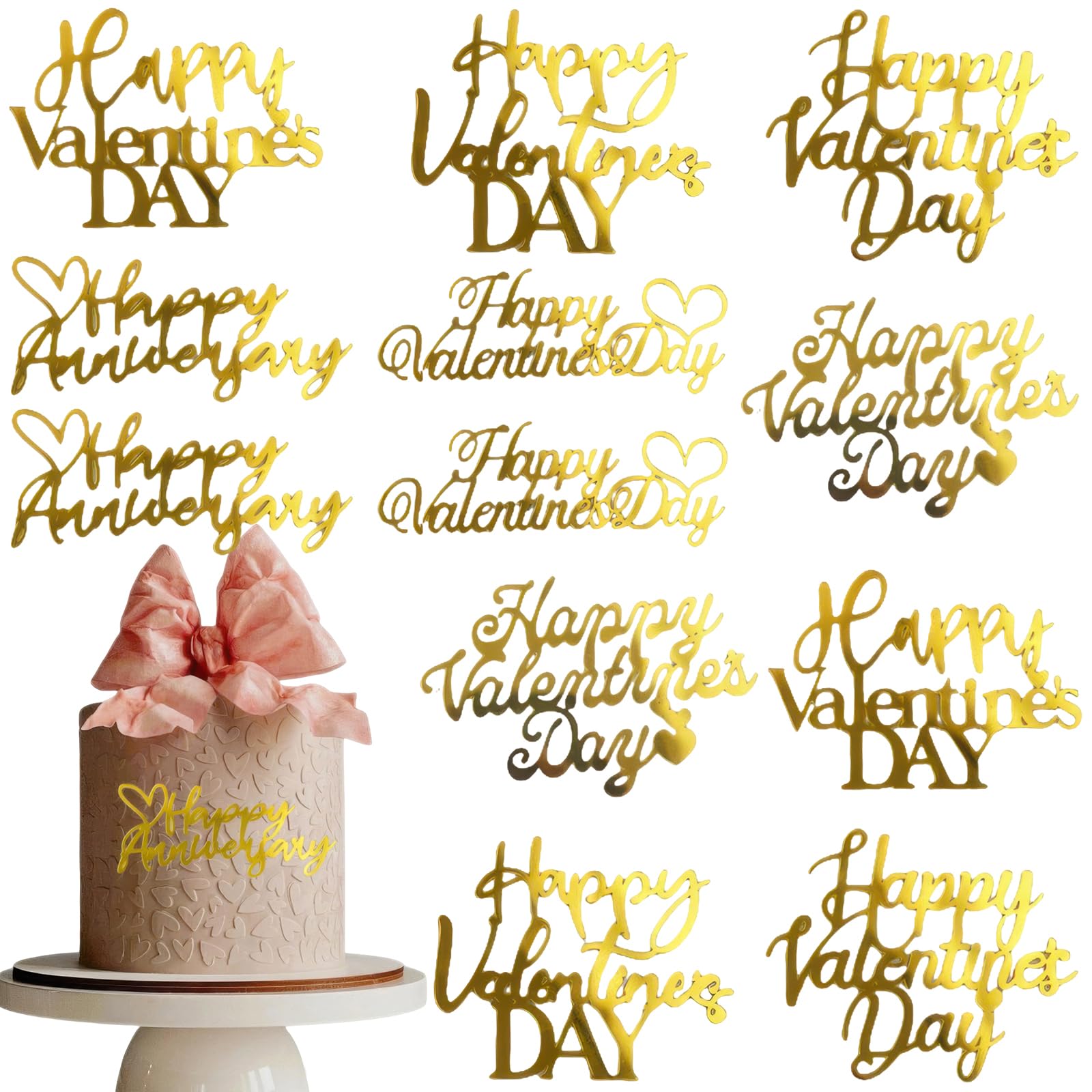 12 Pcs Happy Valentine's Day Cake Toppers Gold Love Heart Acrylic Mirror Cupcake Toppers Side Cake Dessert Decoration for Valentines Anniversary Engagement Party Cake Decor Supplies