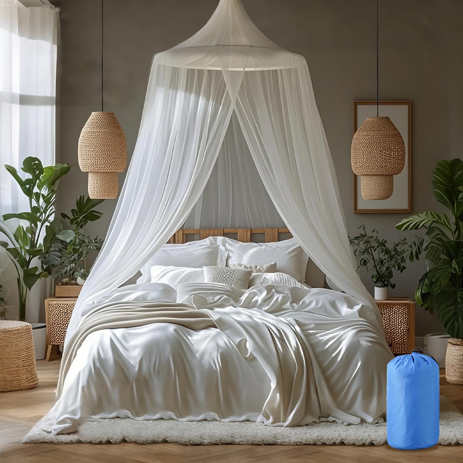 Moustiquaire pour lit | Protection Contre Les Insectes pour Lits Simples et Doubles - idéale pour Les Voyages | Auvent Comprenant Chevilles, Crochets adhésifs et Sac (White-A)