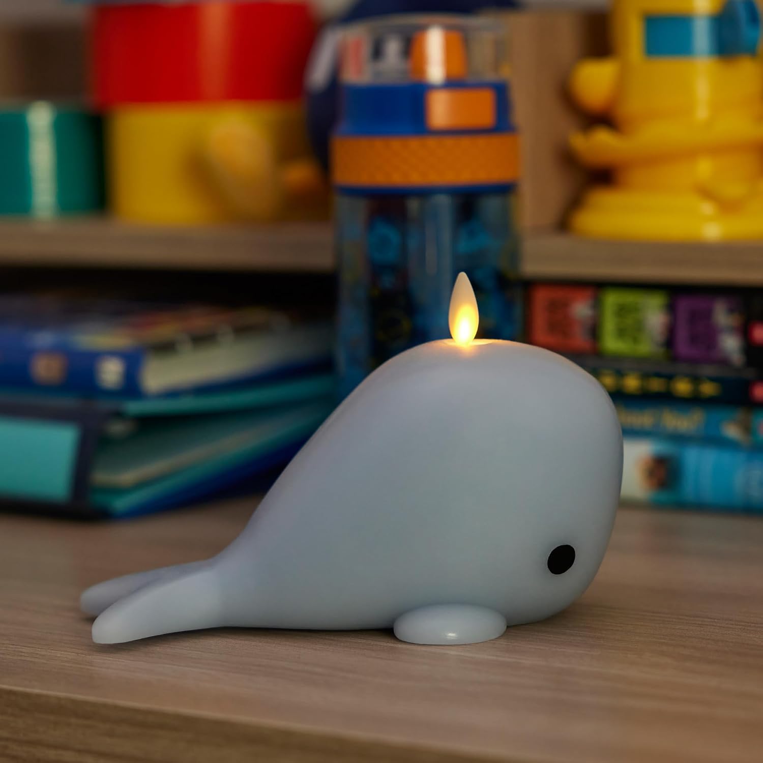 Luminara Flameless Home Decor - Whale Figural LED Candle Natural Color, Blue, 6.6" x 4.3" Real Wax Moving Flame Battery Operated w/Timer Indoor Use