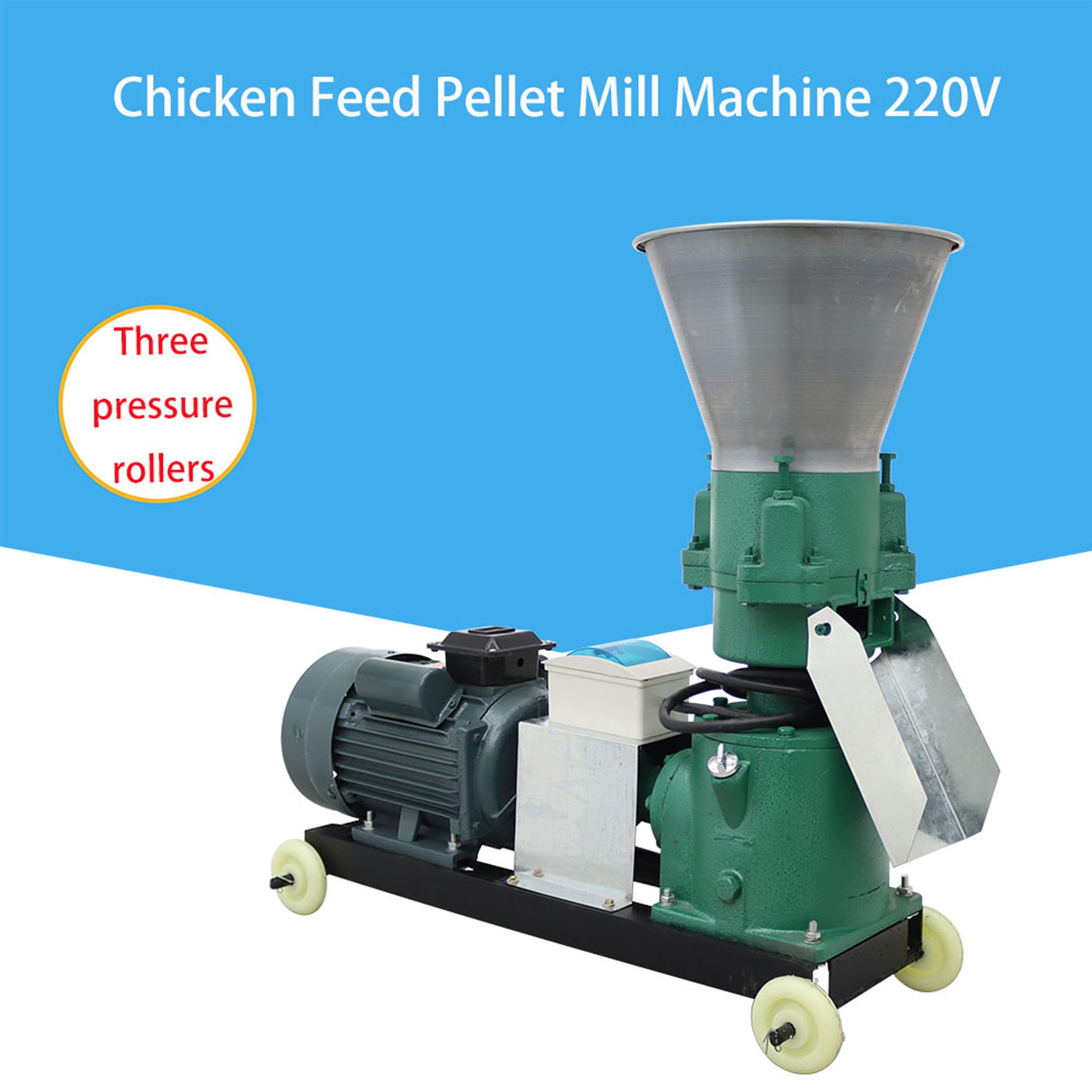 HQHAOTWU Animal Feed Mill Pellet Machine Chicken Feed Grinder Granulator Farm Electric Food Mill Grinder 3 Head Rollers 3MM Holes Plate 220V