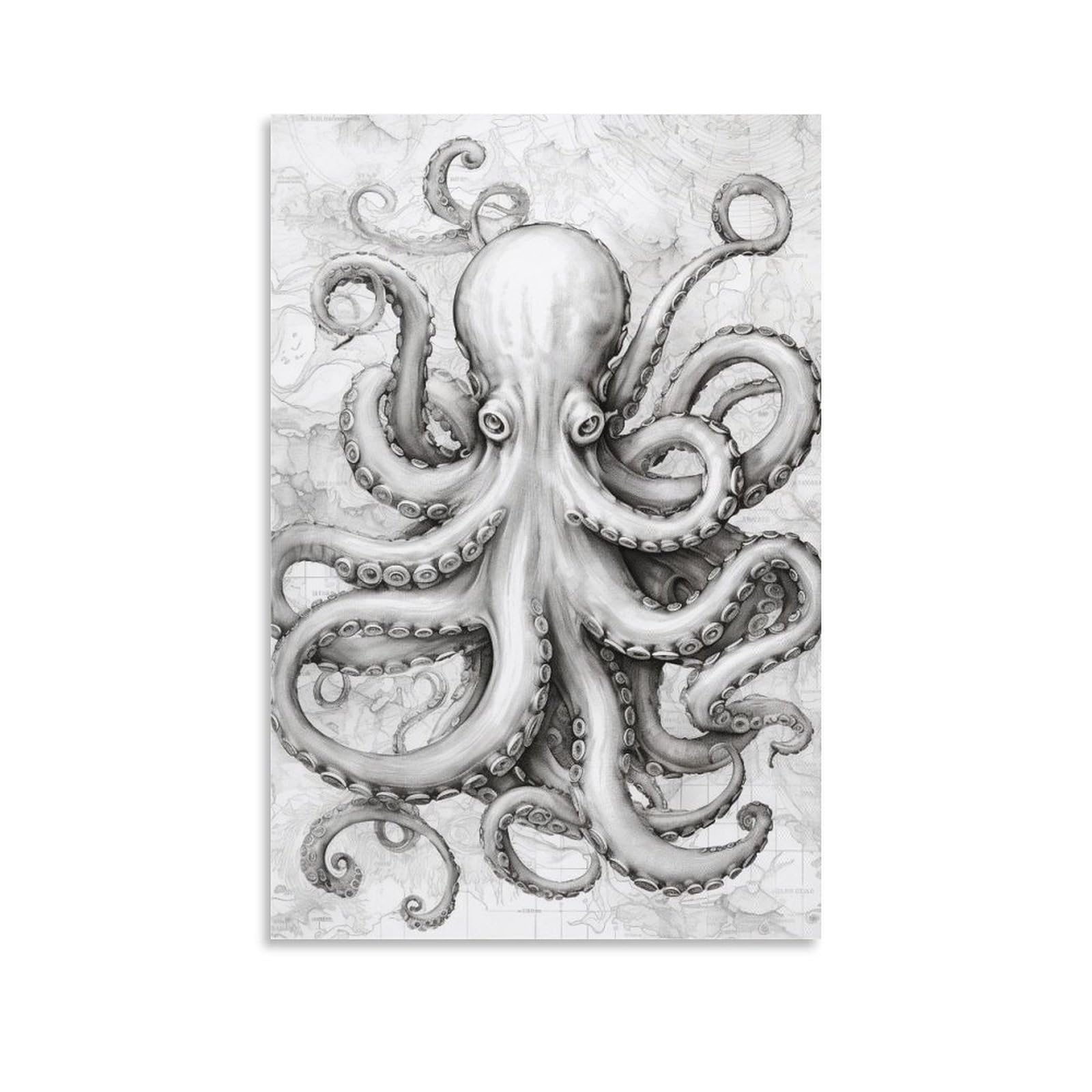 AYAROS Nautical Octopus Canvas Wall Art for Bedroom Abstract Map Vintage Octopus Wall Decor Poster for Room Aesthetic Unframed 08x12 inch