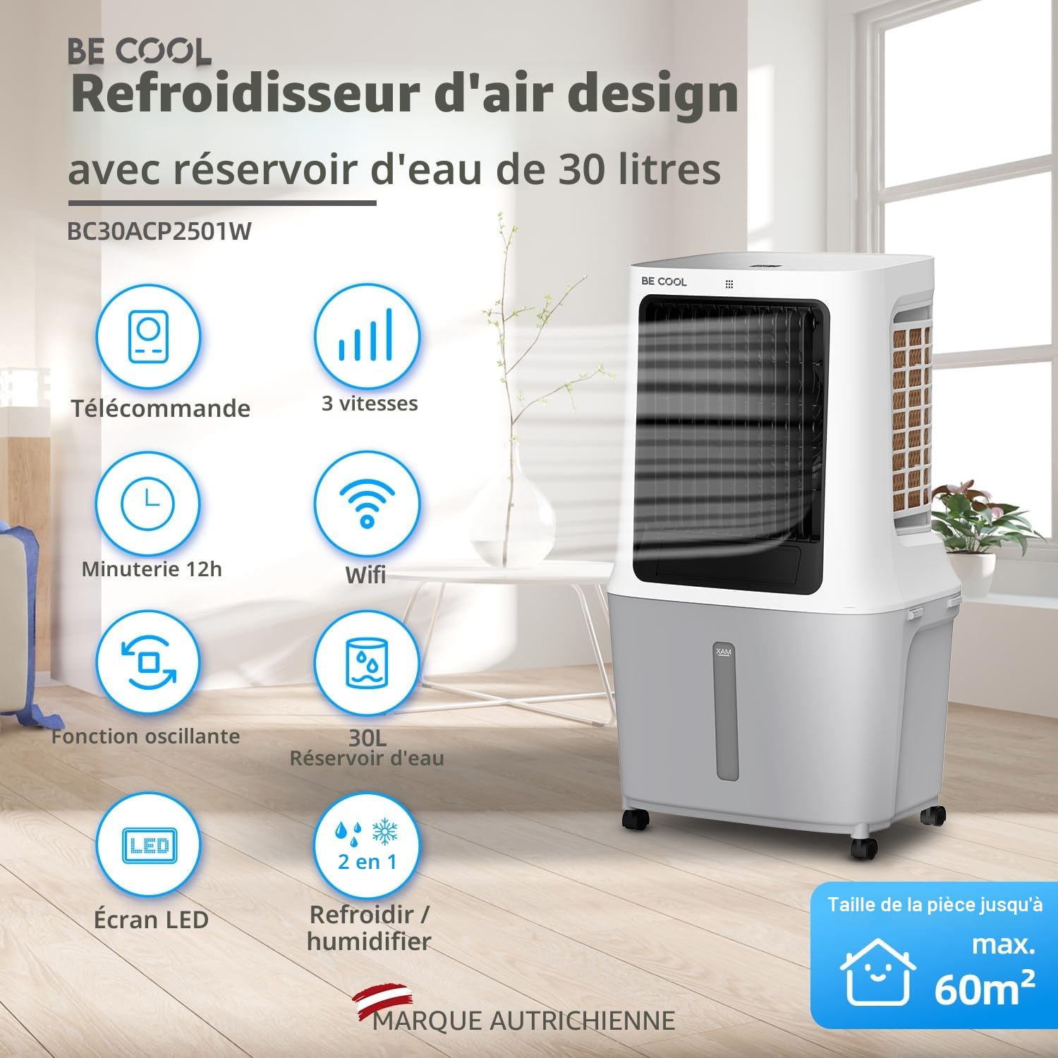 BE COOL BC30ACP2501W Refroidisseur d'air, réservoir d'eau de 30 l, 120 W, contrôle WiFi, circulation de l'air de 1800 m³/h, portée de 15 m, fonction air sec, écran LED, minuterie, télécommande