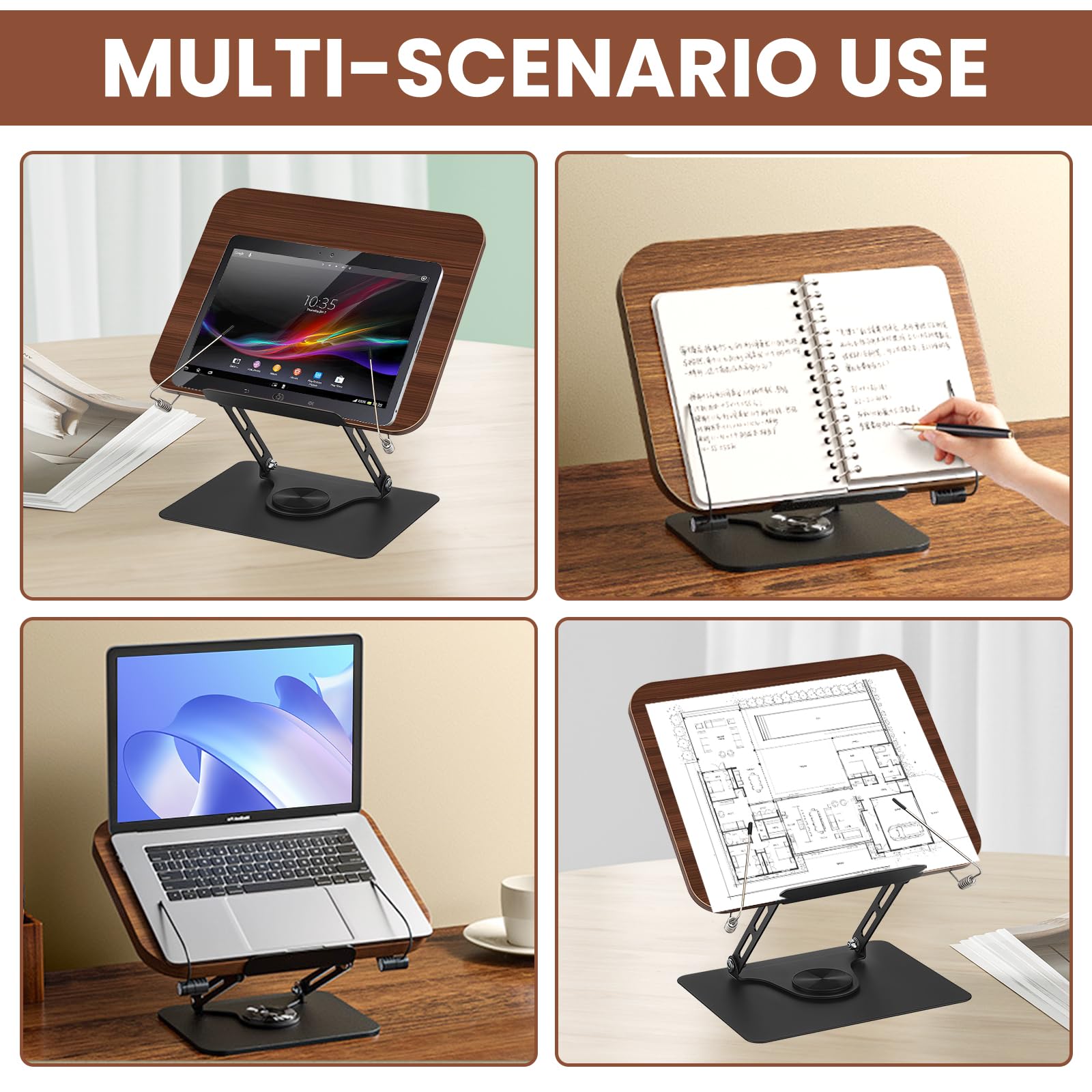 Support De Livre En Bois Réglable Avec Base Rotative à 360 °, Pliable