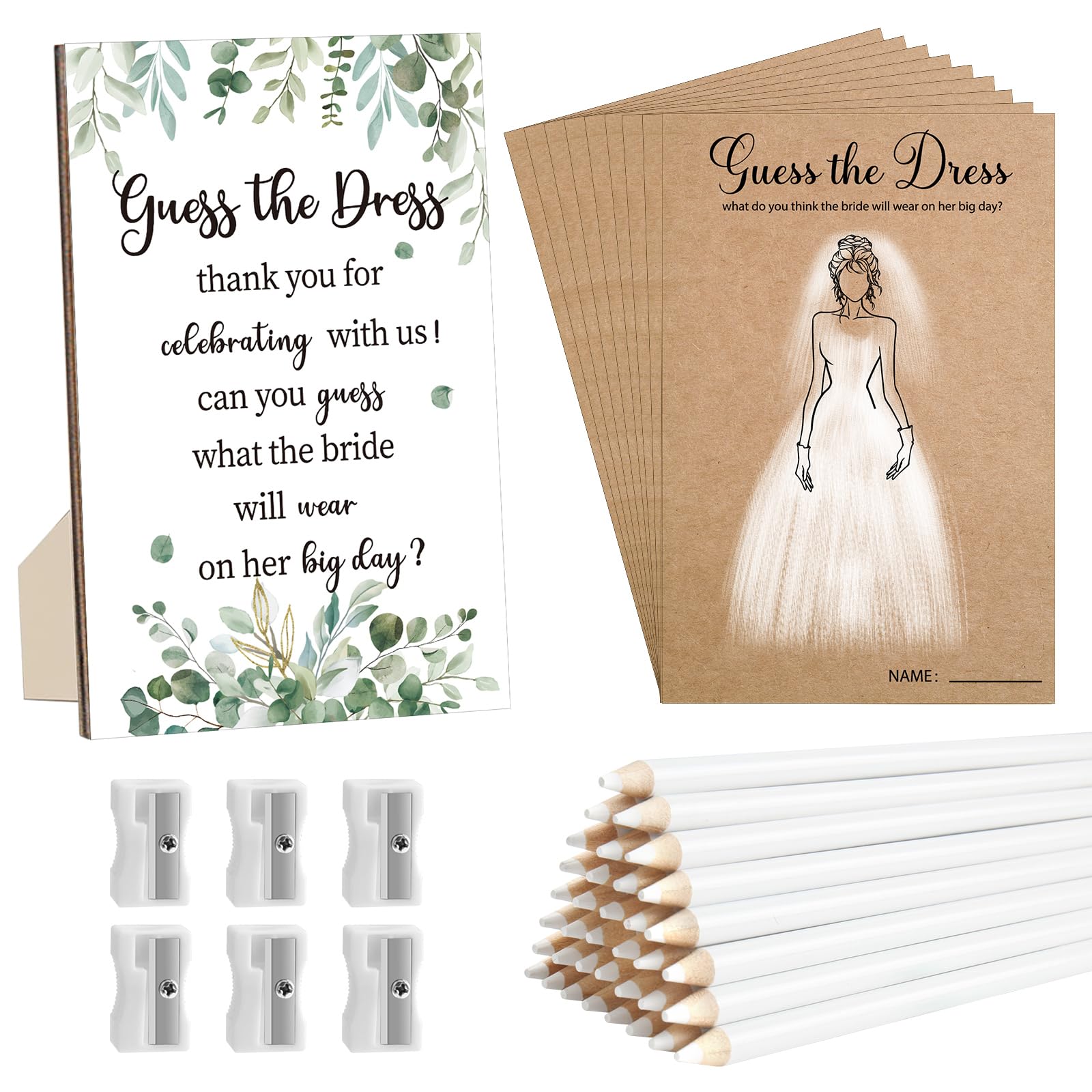 Guess The Dress Bridal Shower Games Include Wooden Table Sign 50 Couple Shower Cards&White Pencils 10 Pencil Sharpeners for Guests Wedding Decorations