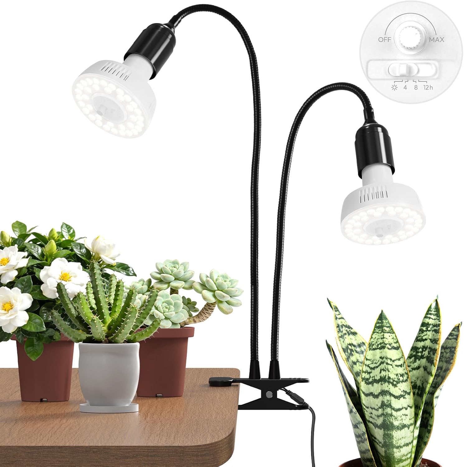 Barrina Orbgrow OG11A2 Clip On Grow Lights for Indoor Plants, Integrated Stepless Dimming & Timing, 5000K 22W(2 x 11W, 200 Watt Equiv), Full Spectrum 2-Gooseneck with E26 Plant Light Bulbs