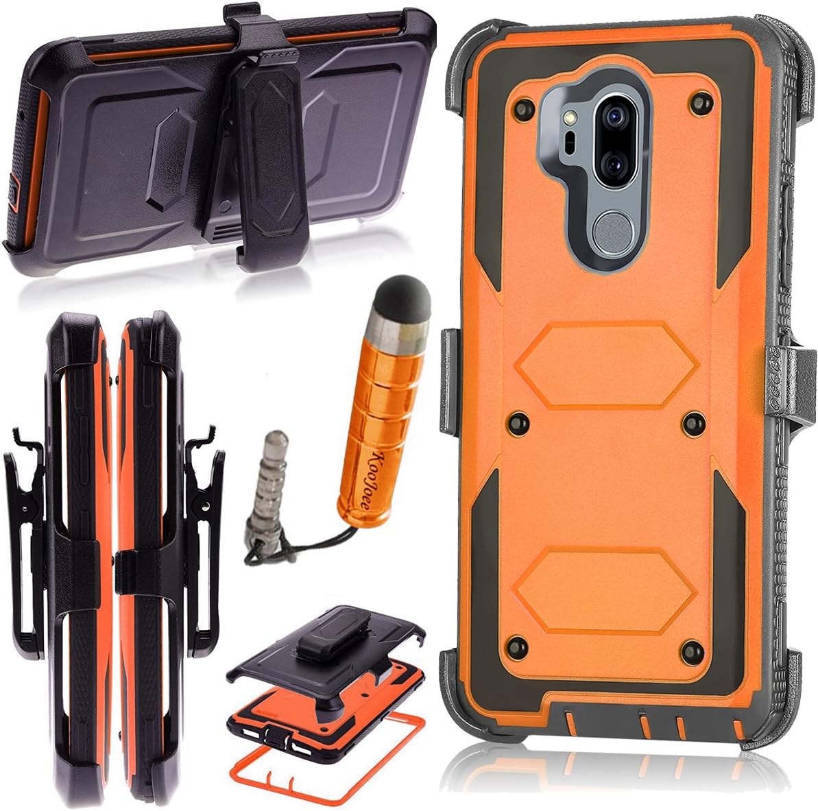 KooJoee Orange Armor Defender Case Compatible with LG G7, Heavy Duty Shockproof Holster [Kickstand][Belt Swivel Clip] Full-Body Rugged Protection Carrying Case with Free Touch Stylus for LG G7 ThinQ