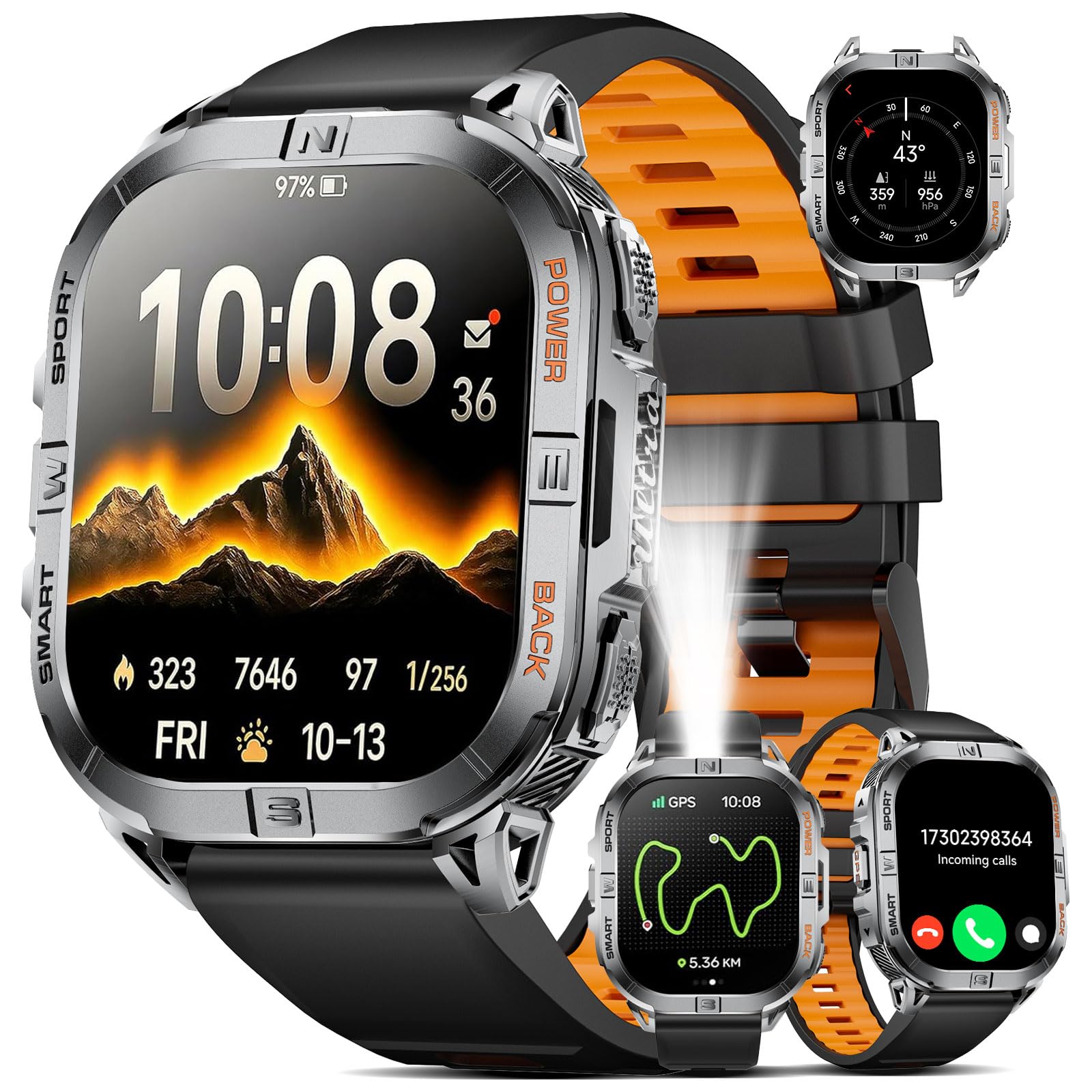 Military Smart Watches for Men,Built-in GPS/LED Flashlight/Compass/600mAh Battery,2.13" AMOLED Outdoor Sports Smartwatch with 170+ Sport Modes,5ATM Waterproof Fitness Tracker for iOS Android,Silicon