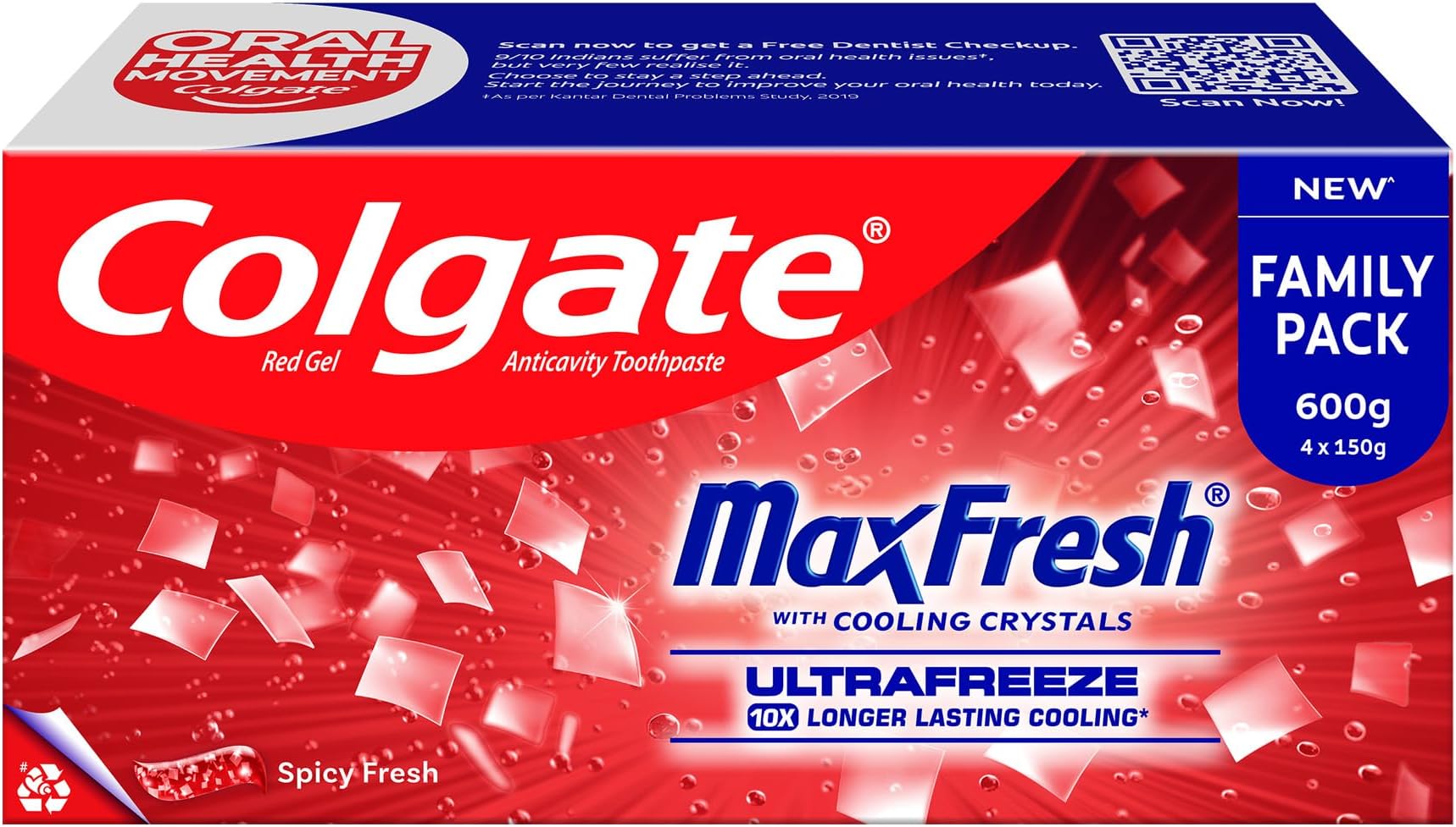 MaxFresh Toothpaste, Spicy Fresh Red Gel paste with Menthol for Super Fresh Breath, 600gm, Saver Pack