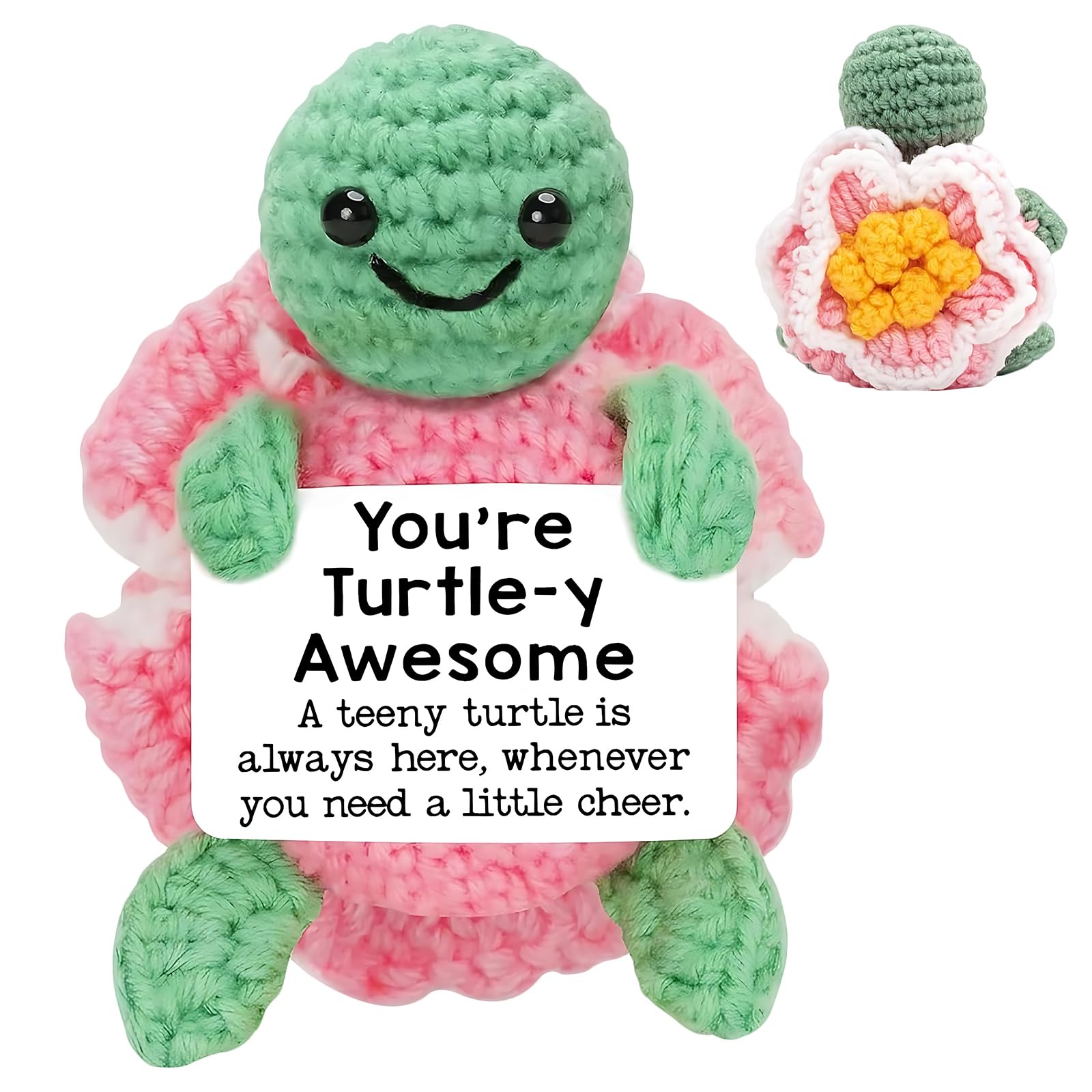FUSDNW Positive Turtle,Small Handmade Positive Crochet Animals Turtles with Message, for Women Men Birthday Graduation Motivational Desk Decor (Peony)